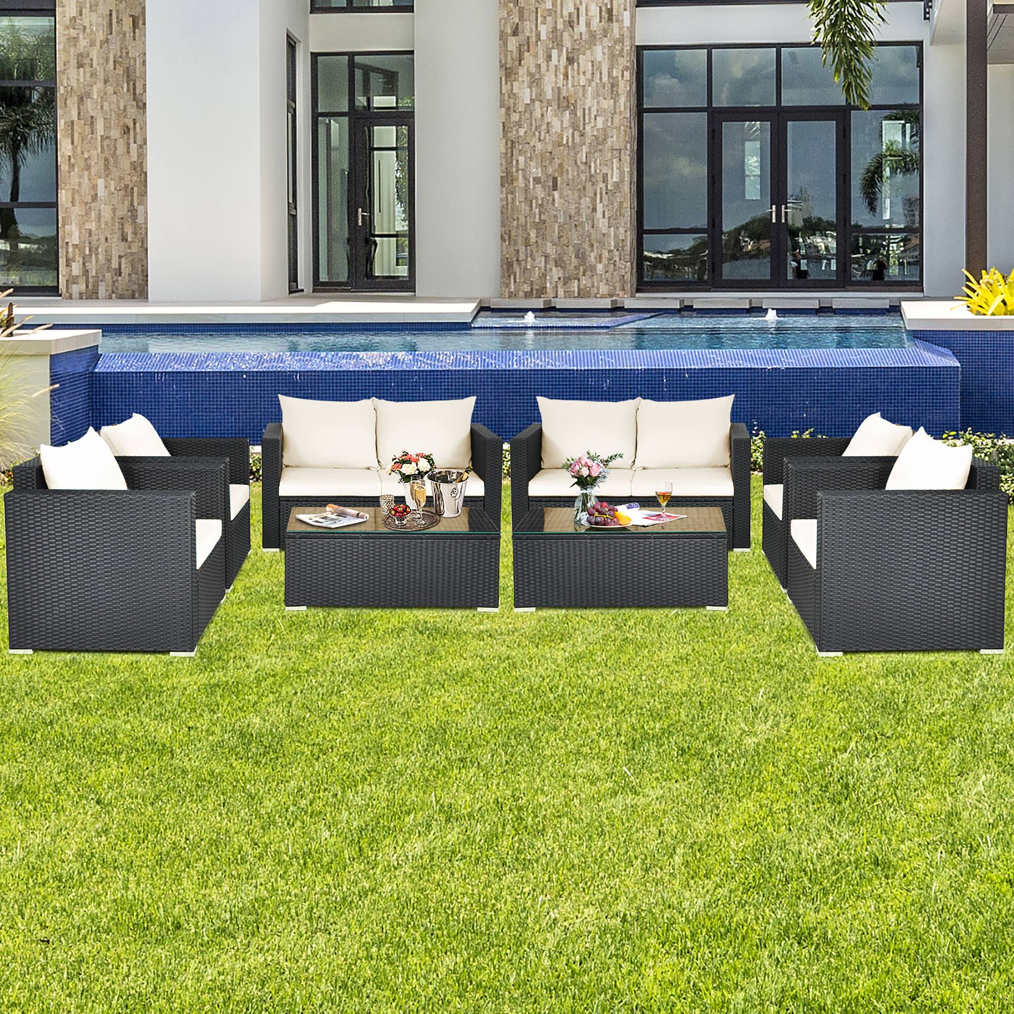 Alt View 1. Costway - Costway 8PCS Patio Rattan Furniture Set - Off white.