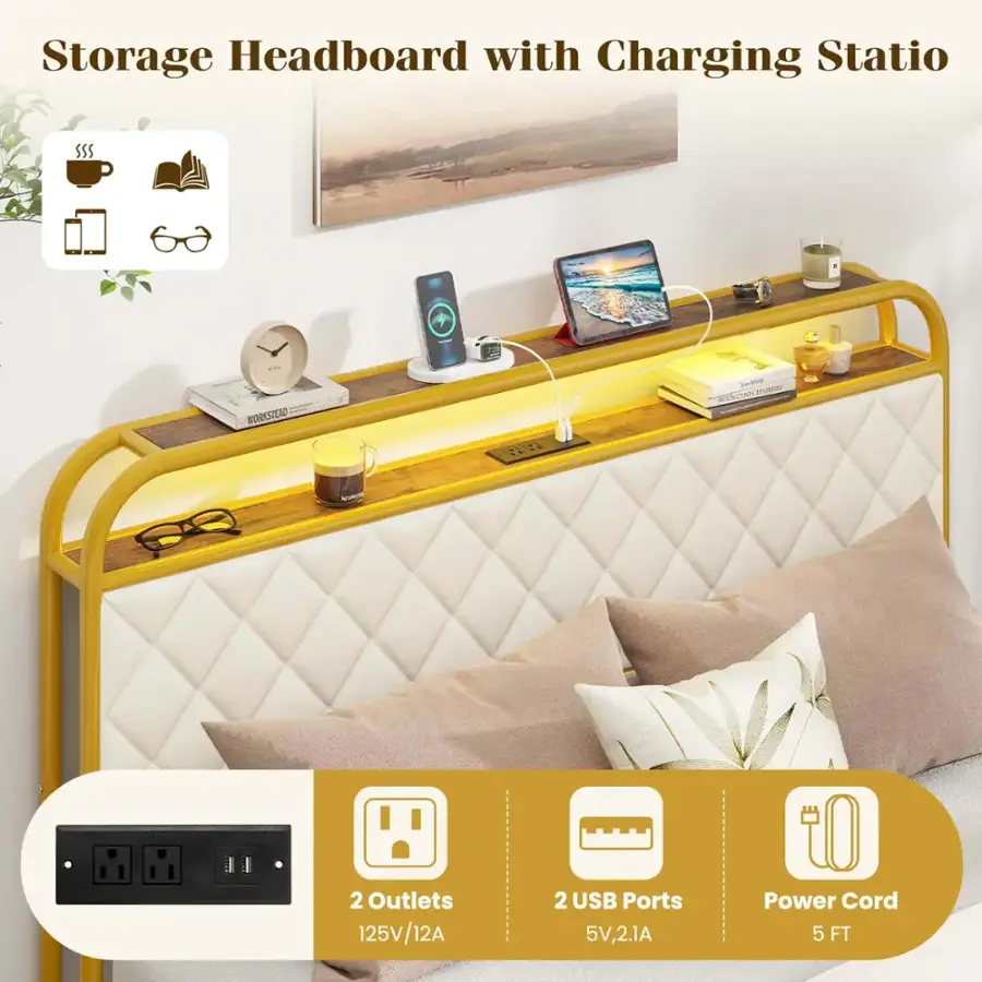 Storage Headboard with Charging Station: 2 Outlets, 125V/12A, 2 USB Ports, 5V, 2.1A Power Cord, 5 FT.