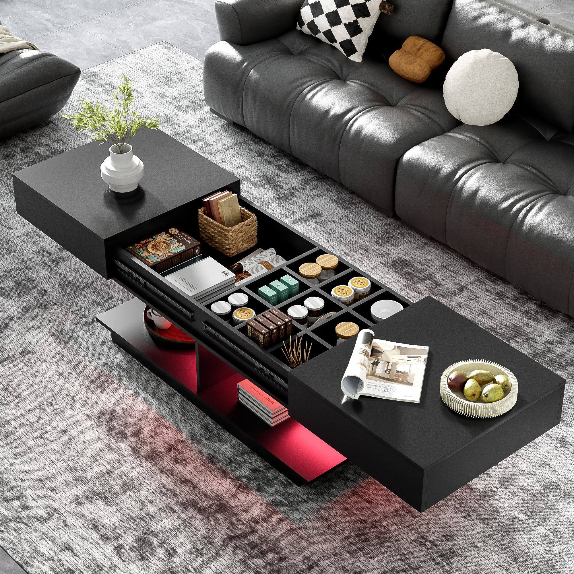Front. Bestier - Extendable Coffee Table with Storage, Modern LED Lighted Dining Center Table with Open Shelf for Living Room - Black.