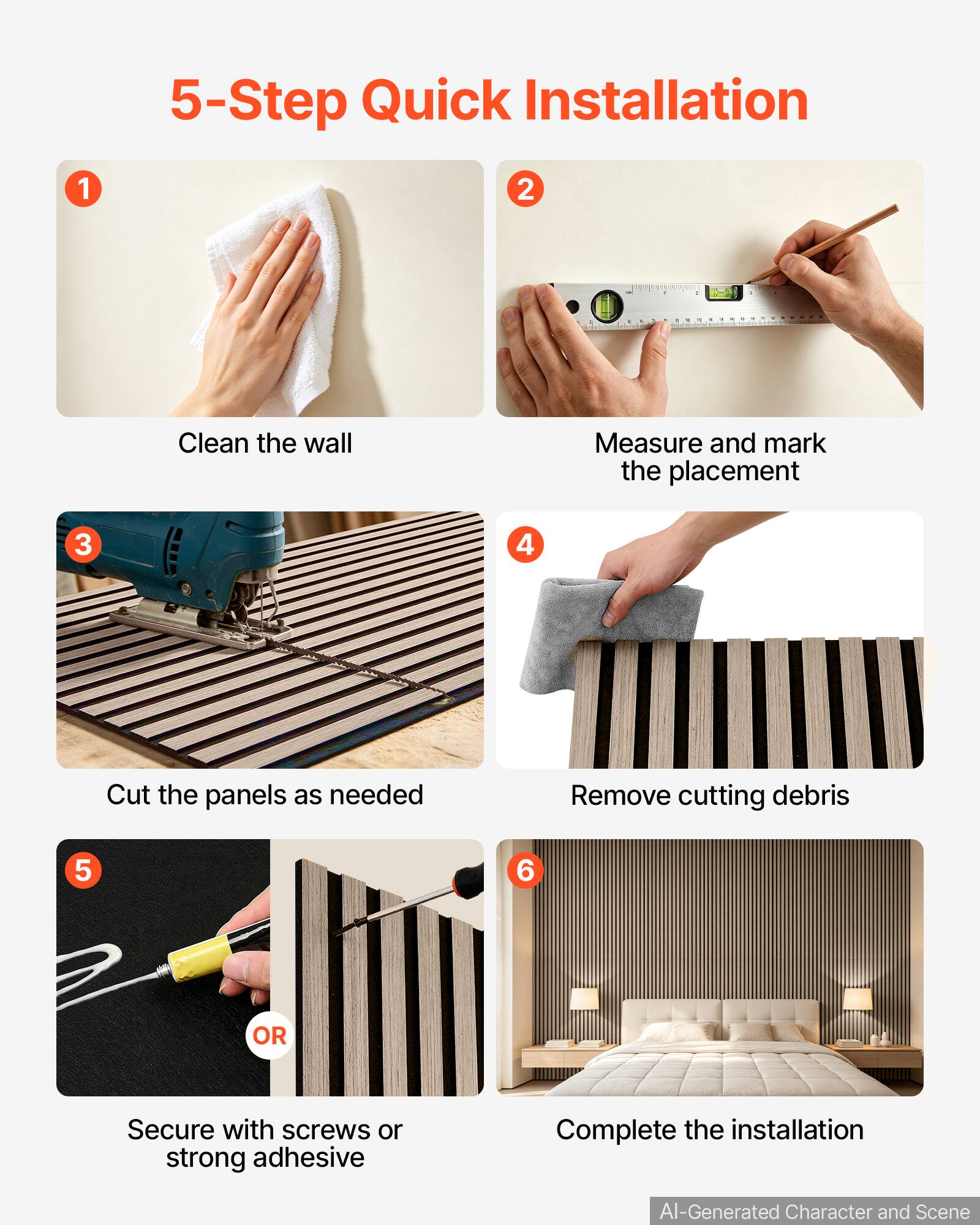 5-Step Quick Installation

1. Clean the wall
2. Measure and mark the placement
3. Cut the panels as needed
4. Remove cutting debris
5. Secure with screws or strong adhesive
6. Complete the installation