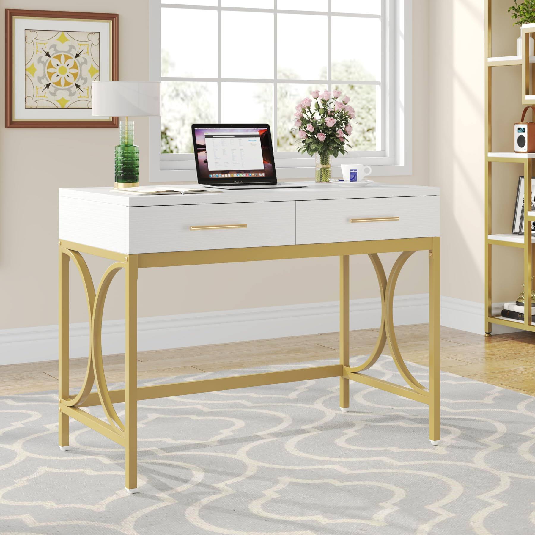 Left. Tribesigns - 41" White and Gold Computer Desk with 2 Drawers - White & Gold.