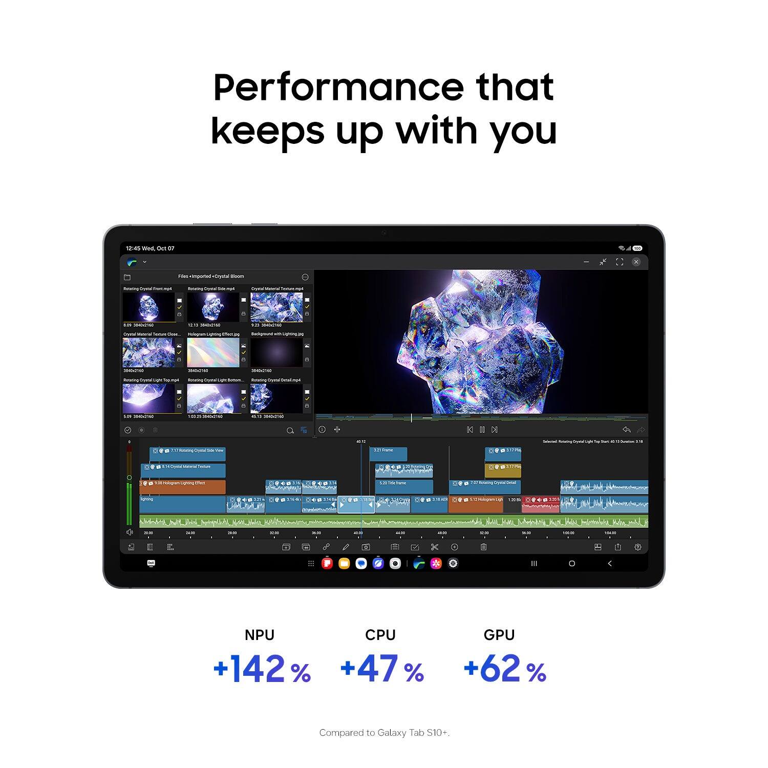 Performance that keeps up with you

12:45 Wed, Oct 07

Files <imported> Crystal Bloom
Terteting
Totating cryana
Crystal Values
0.29 3840x2160
34:16
923 2020
Clyand Meterial
Ounn...
the'ge Background - Ughing
3040x2160
20060
364kcal
Sotating
Tog
Rotating Chole Light Inton. Retering City
A
1.20 3840-2760
an 5020

21 Frame
Calories
Oyear tyle
Dussion 118
p
This
%
00/30 k
Detping
Delad
164
3145m
3:18 
OF
Ket

=



ex

**
100
104.55
/
0
NPU CPU GPU +142% +47% +62%
Compared to Galaxy Tab S10+