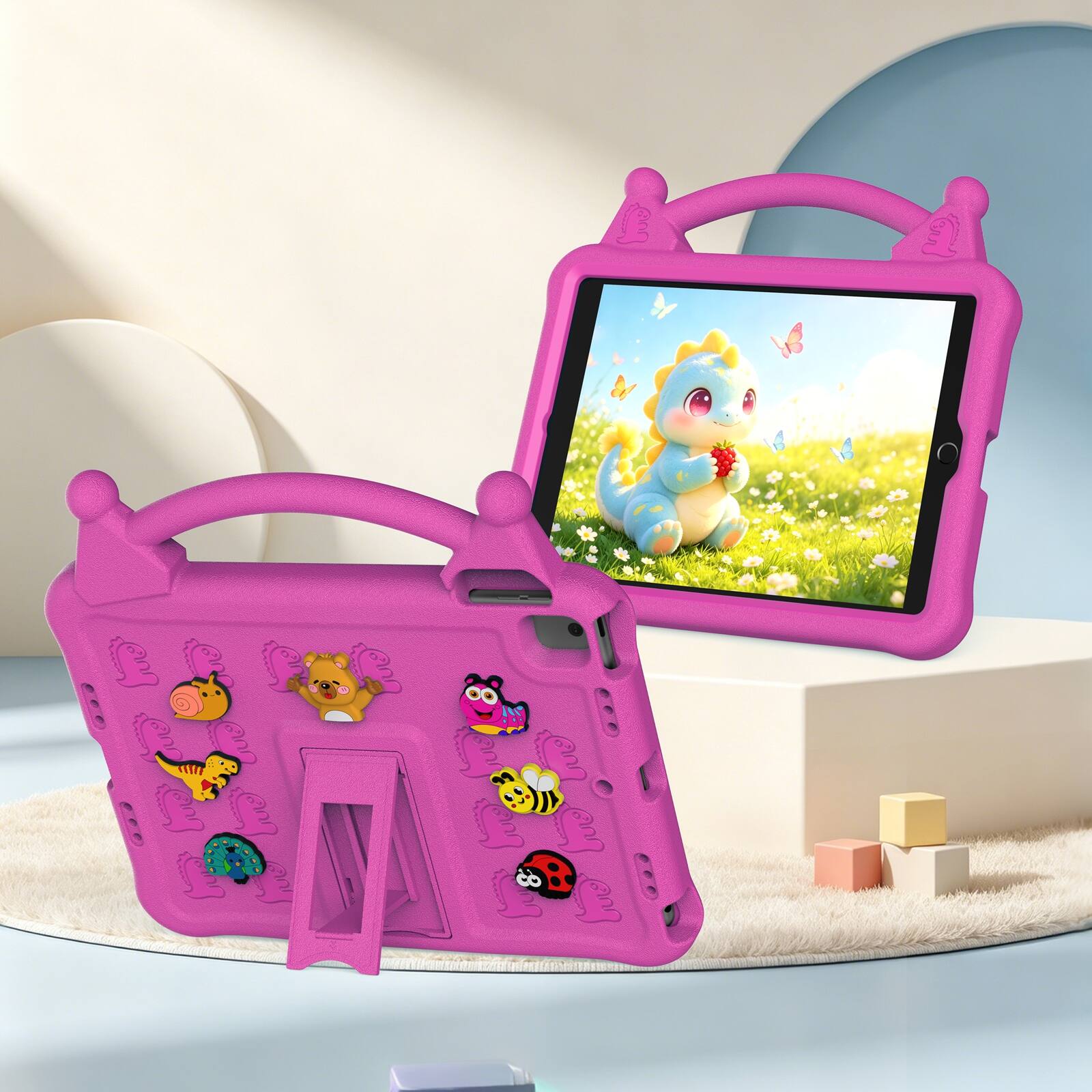 Angle. UUCOVER - Kids Case for iPad 9th 8th 7th Generation 10.2-inch (2021/2020/2019) ,Shockproof EVA Case with Handle Kickstand Cover - Rose.