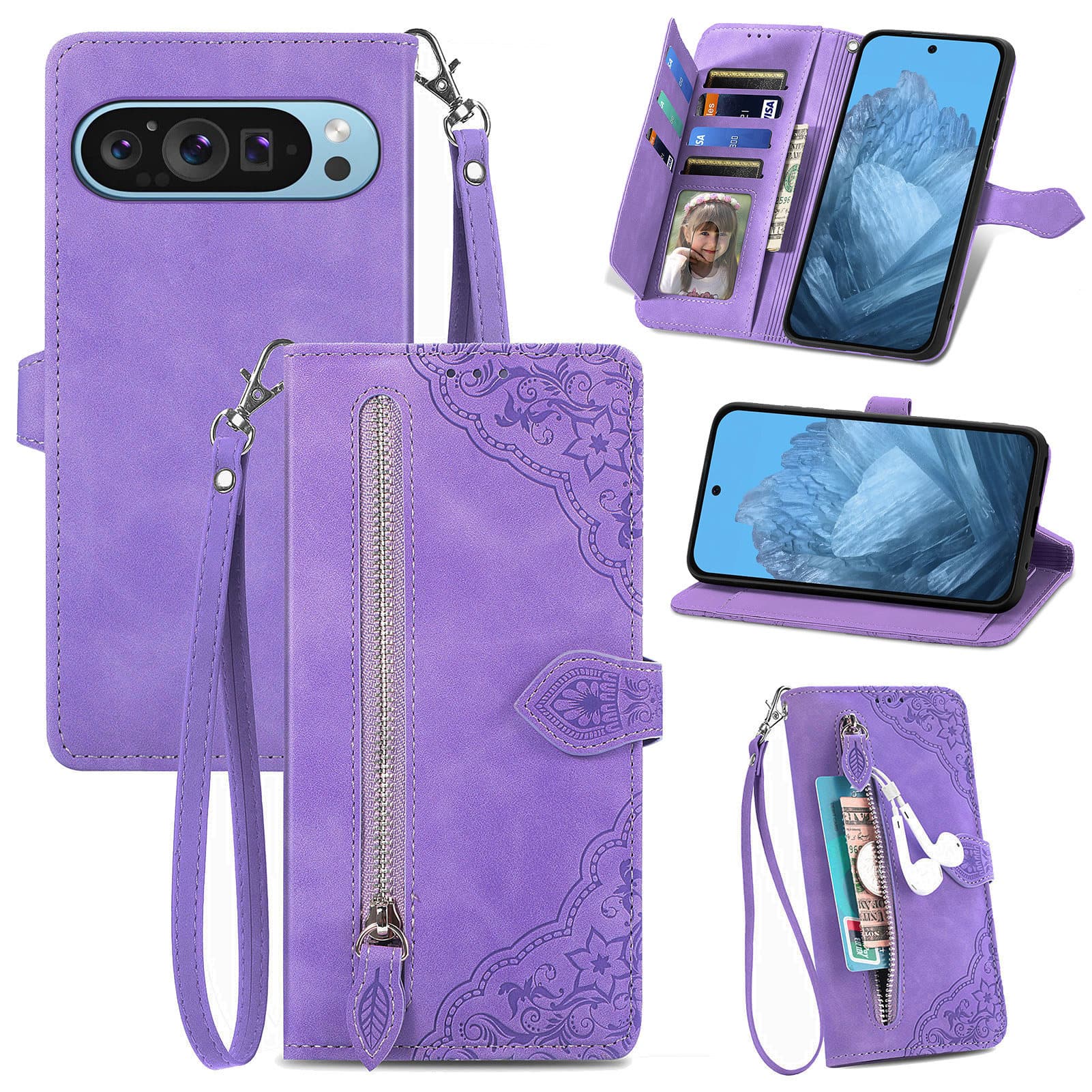 Dteck - for Google Pixel 10 Pro/10 & 9/9 Pro Wallet Case,Shockproof PU Leather Card Holder Cover with Zipper Pocket & Wriststrap - Purple price history on PriceWatchPro