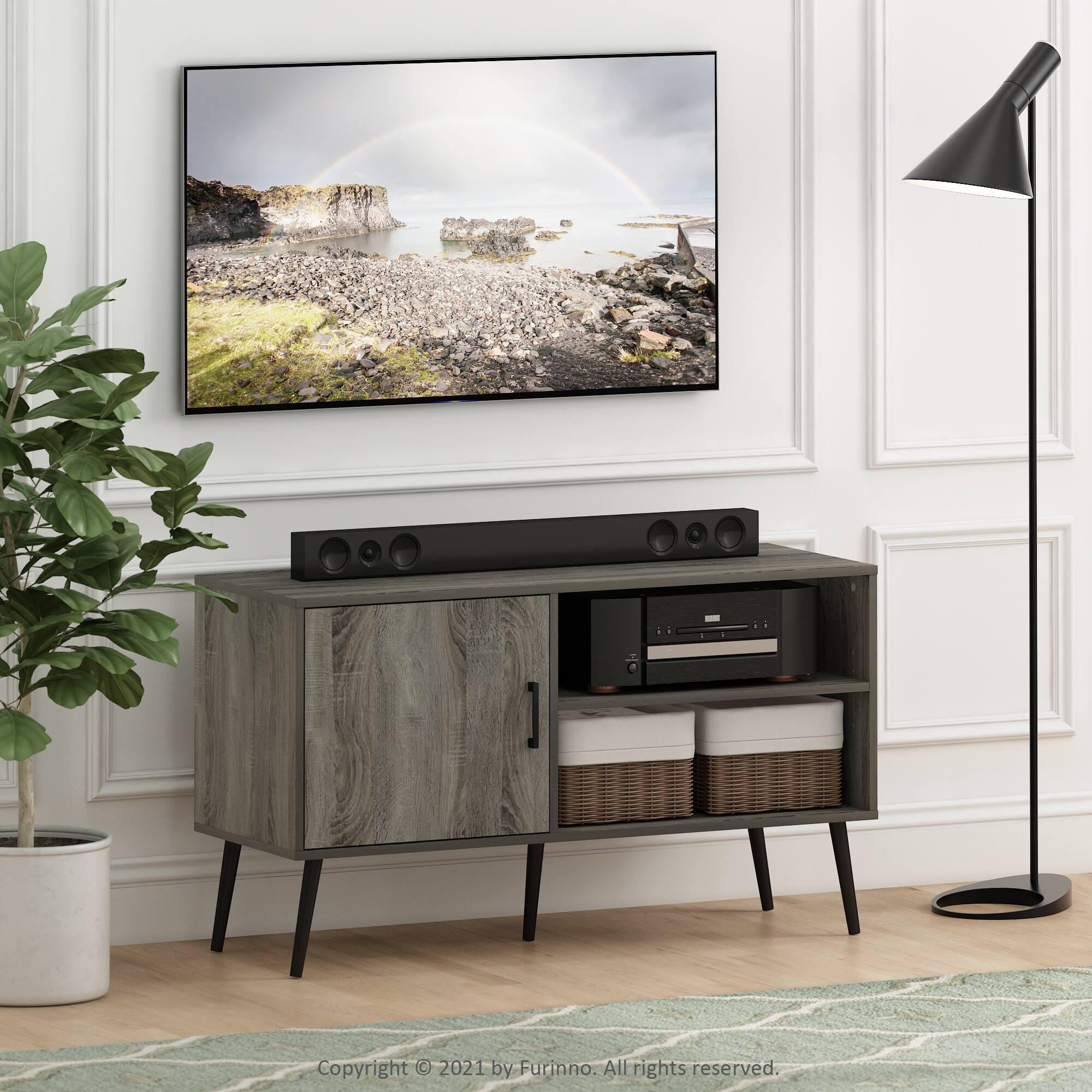 Furinno Claude Mid Century Style TV Stand with Wood Legs, One