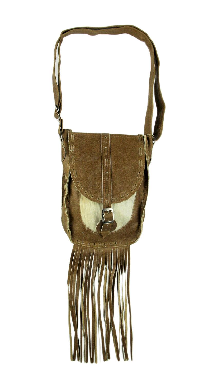 Front. Things2Die4 - Genuine Leather Hair-On Hide Trim Fringed Crossbody Bag Small - Rust.