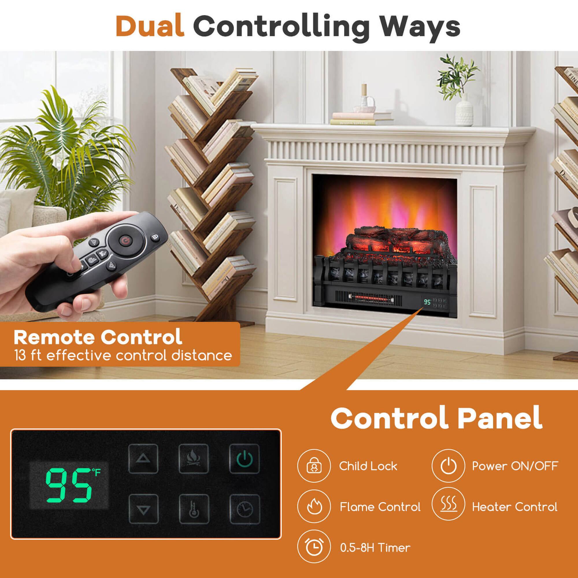 Dual Controlling Ways

Remote Control  
13 ft effective control distance

Control Panel  
Child Lock  
Power ON/OFF  
Flame Control  
Heater Control  
0.5-8H Timer