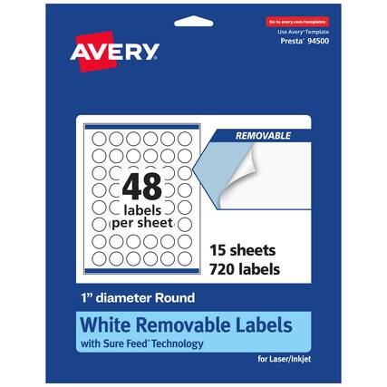 Go to avery.com/templates
Use Avery Template Presta® 94500
48 labels per sheet
15 sheets
720 labels
1" diameter Round White Removable Labels with Sure Feed® Technology for Laser/Inkjet