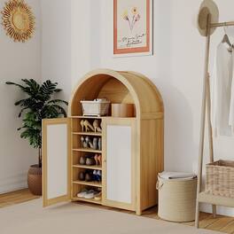 Homhougo - 47.8" Farmhouse Arched Shoe Cabinet with Rattan Doors, 5-Tier Shoe Rack with Adjustable Shelves, Storage Cabinet - Natural