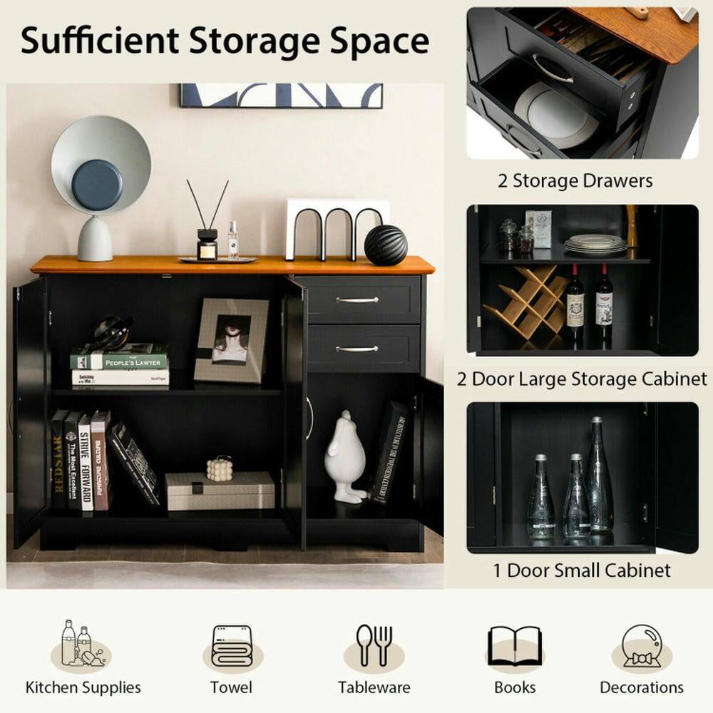 Sufficient Storage Space

2 Storage Drawers

2 Door Large Storage Cabinet

1 Door Small Cabinet

Kitchen Supplies

Towel

Tableware

Books

Decorations