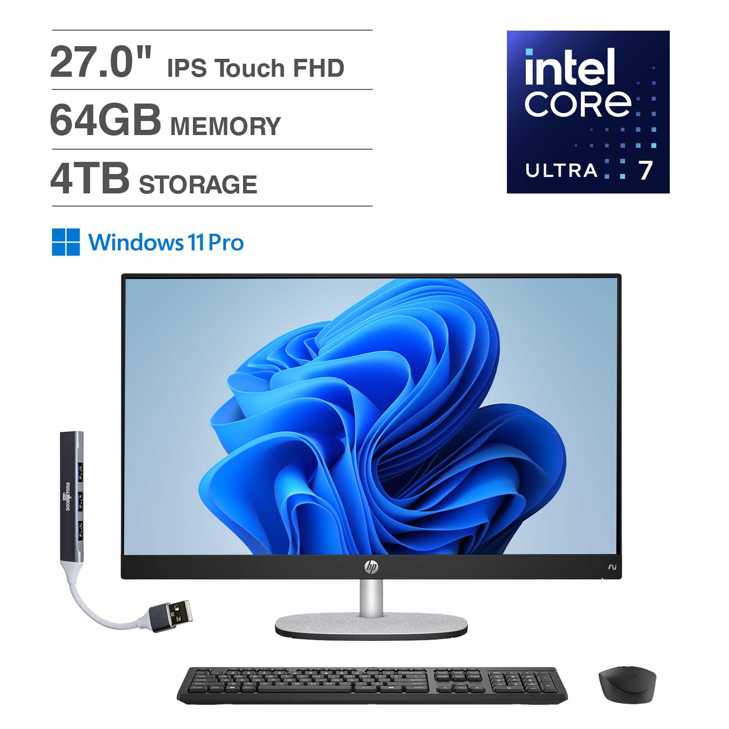 HP - 27 All-in-One 27 FHD Display (Ultra 7-255U, 64GB, 4TB SSD, Intel Graphics, WiFi 6, Win 11 Pro) w/USB Hub - Black