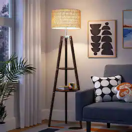 Malletson - 61'' Tall Boho Tripod Floor Lamp with Shelves, Mid-Century Modern Wood Standing Lamp with Rattan and Fabric Shades