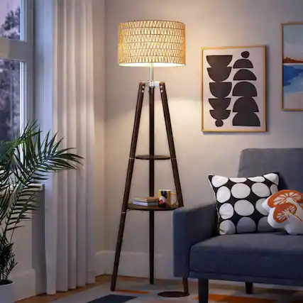 Front. Malletson - 61" Tall Boho Tripod Floor Lamp with Shelves, Mid-Century Modern Wood Standing Lamp with Rattan and Fabric Shades.