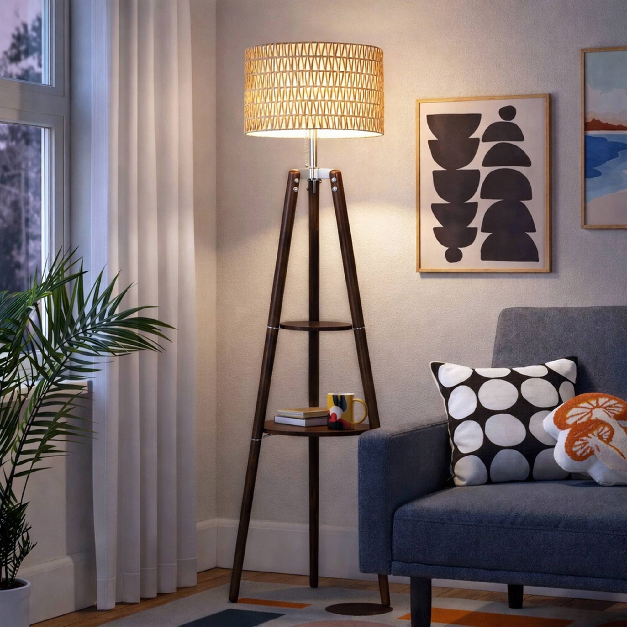 Alt View 1. Malletson - Modern Tripod Floor Lamp with Rattan Shade & Dual Shelves.