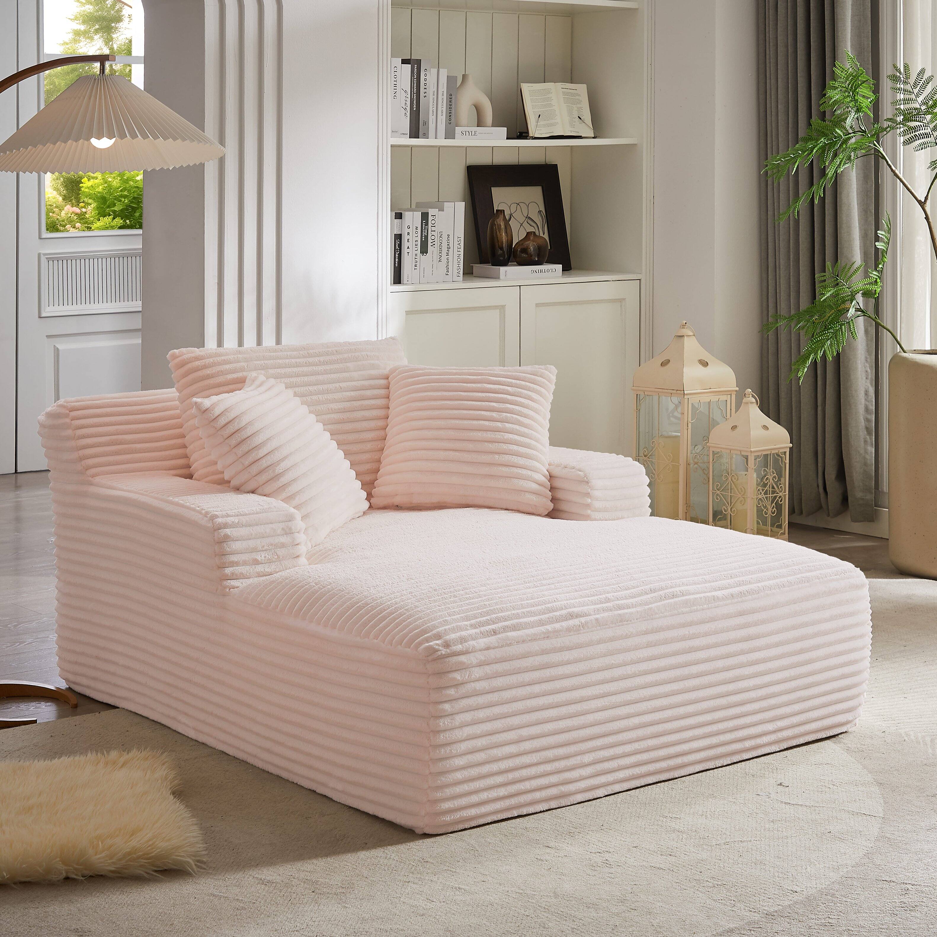 Alt View 1. Aukfa - Corduroy Sleeper Sofa & Lounge Chair - No Assembly, Deep Seat, Armrests, 2 Pillows | Upholstered Chaise, Indoor Comfort - Pink.