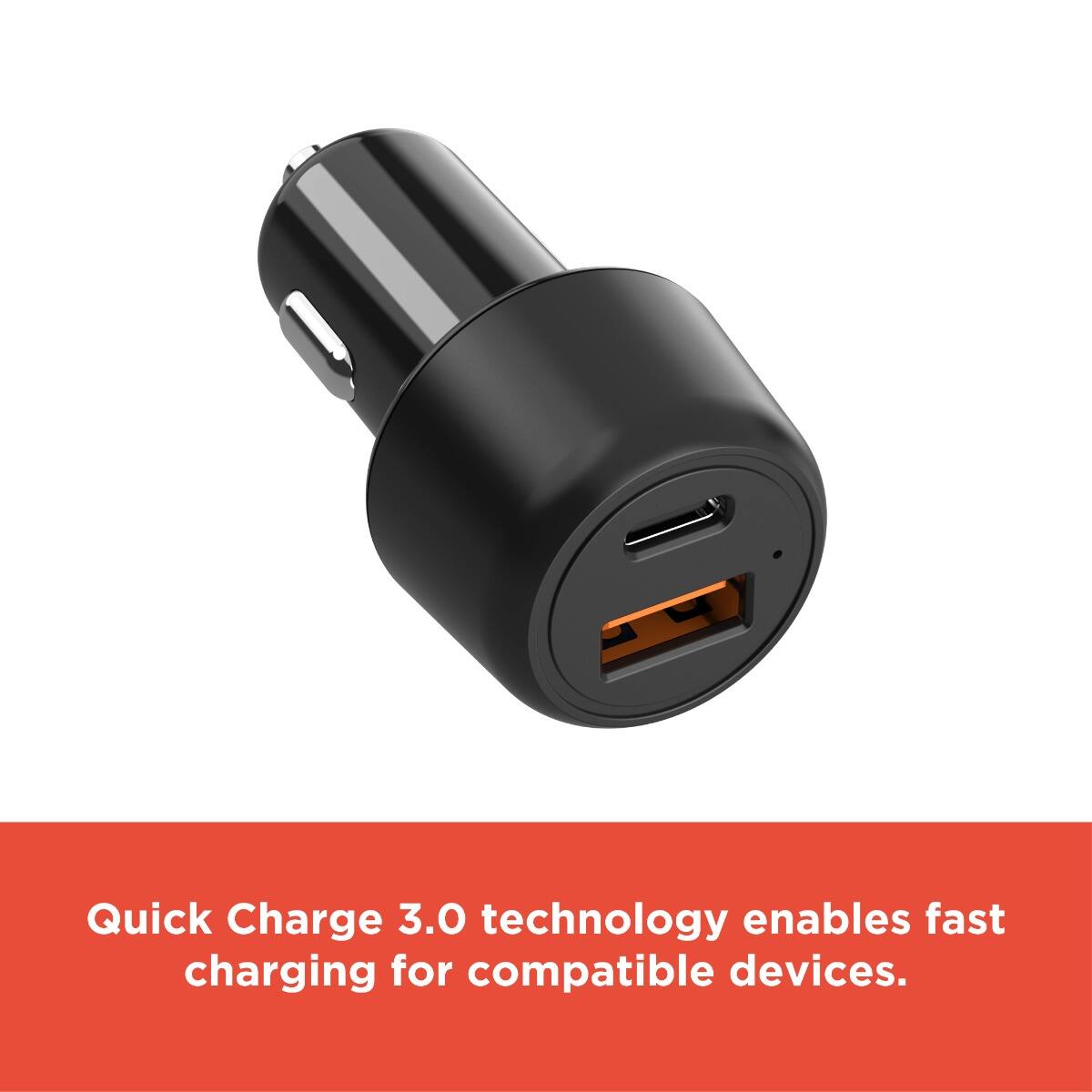 Quick Charge 3.0 technology enables fast charging for compatible devices.