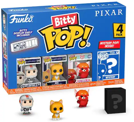 PIXAR Funko. Bitty DISPLAY SHELF INCLUDED! 4 PACK POP! R MYSTERY Bitty INSIDE! Funko POP! ? Bitty FRORNS 1185 FOP! Bitty 1213 POP! RED LIGHTVERA Bitty 1210 FOP! LIGHTVERA FOP! ? ? MYSTERY PANDA MEI STACKING SHELF RED VINYL FIGURES ESTANTE APILABLE 4K/FZ SOX FIGURINES E VINTLE 1 PC/PZ ETAGERE EMPILABLE (XL-01) T ae PELIGRO DE ASFIOOA 4 PC/PZ DE VINL 1 ADVERTENCIA: FIGURAS BUZZ LIGHTYEAR TOUFFEMENT. pur ahe menores d 3 meses - ATTENTION: DANGER D Pares pequeas k adecuad A de mons de 3 mod CHOKING HAZARD. Protes peces le children under 36 months Not sutable for Smal parts 01 ?