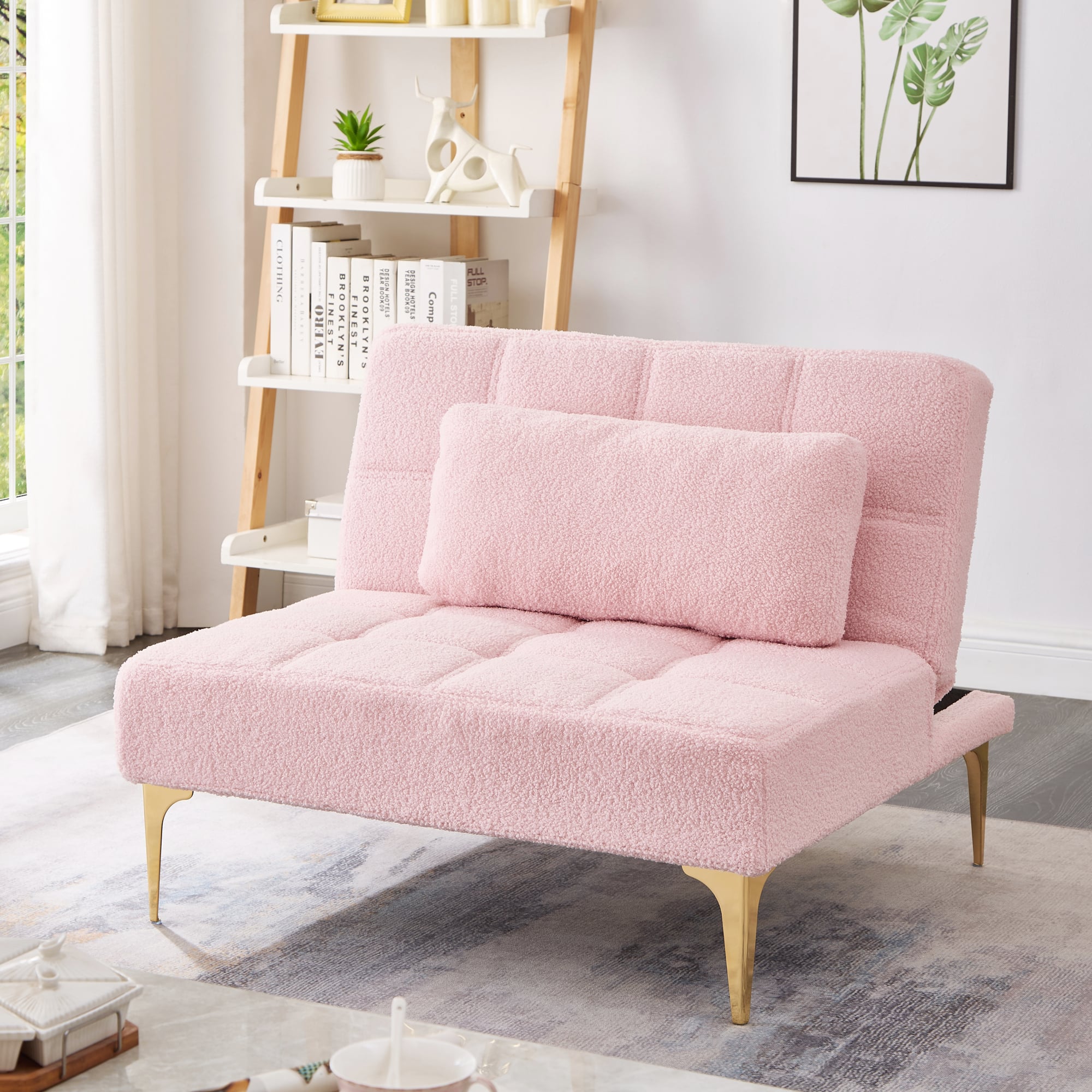 GOODSILO - Convertible Sofa Bed Futon with Golden Metal Legs and Soft Fabric in Light Color - Pink Teddy