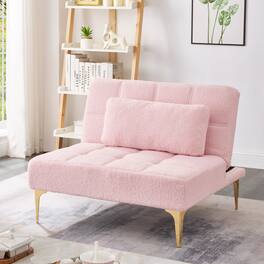 GOODSILO - Convertible Sofa Bed Futon with Golden Metal Legs and Soft Fabric in Light Color - Pink Teddy