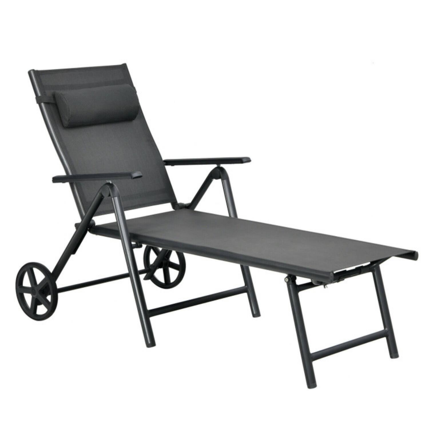 Alt View 3. Mondawe - 58" Patio Lounge Chair w 7-Position Backrest Wheels & Neck Pillow Aluminum Frame - Gray.