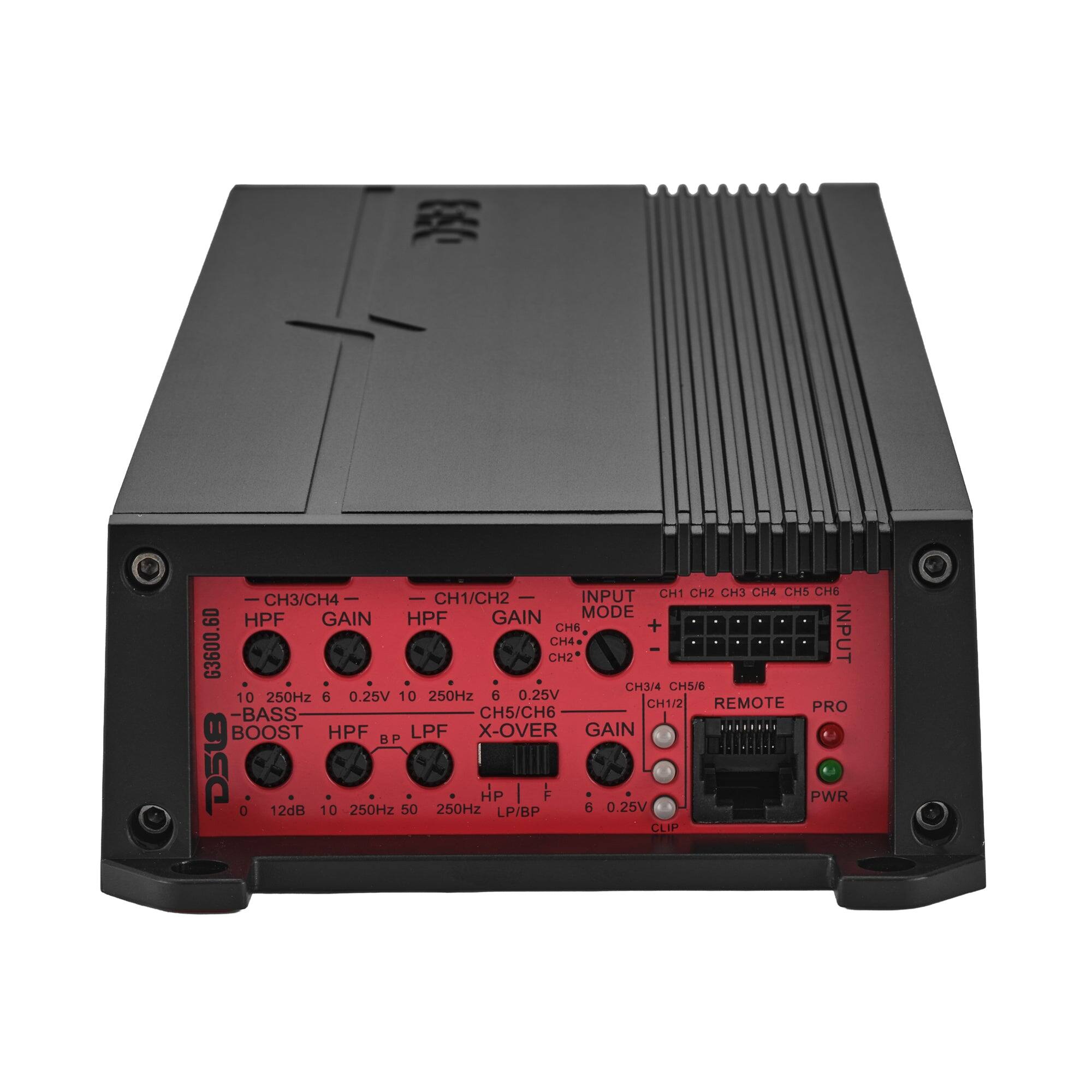 CH1 CH2 CH3 CH4 CH5 CH6  
CH3/CH4  
CH1/CH2  
INPUT GAIN HPF GAIN MODE HPF +  
CH6 G3600.6D  
CH2 CH4 INPUT  
CH3/4 CH5/6  
10 250Hz 6 0.25V  
10 250Hz 6 0.25V  
CH1/2 REMOTE PRO -BASS  
CH5/CH6 BOOST HPF LPF X-OVER GAIN BP DSLB  
0 12dB 10 250Hz 50 250Hz  
HP LP/BP F  
6 0.25V  
CLIP PWR