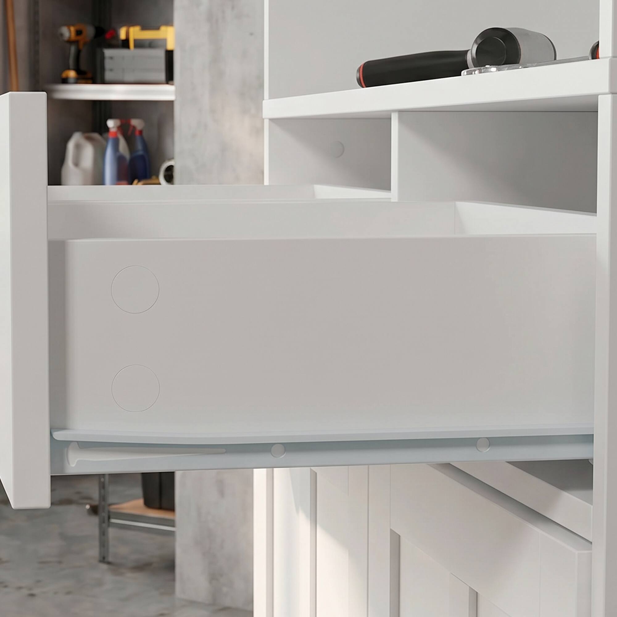 Alt View 8. Famapy - Modern Garage EV Charger Storage Cabinet with Cable Hooks, 2 Drawersr for Tools and Charging Station - White.