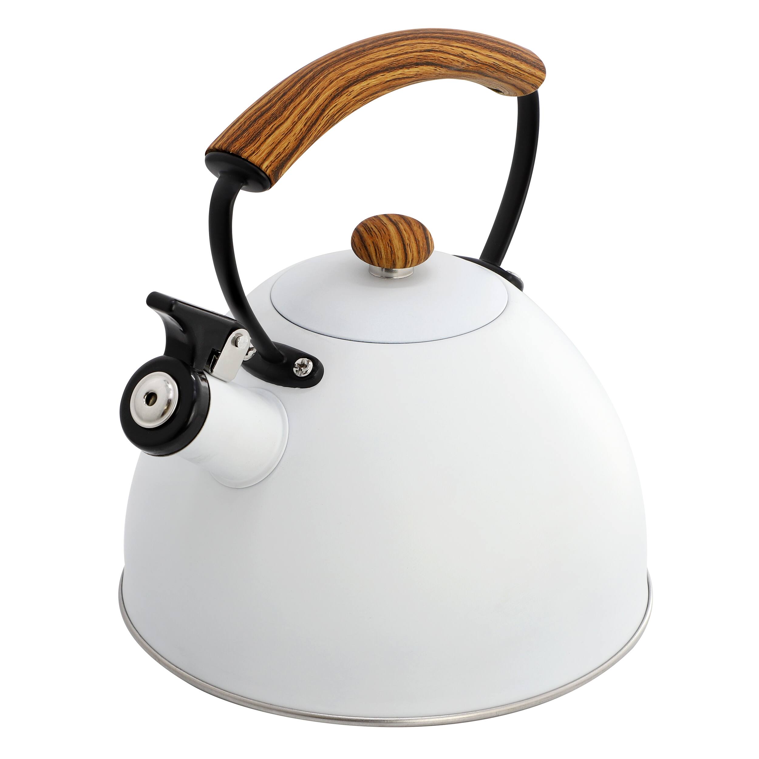 Angle. MegaChef - MegaChef 3.2 Quart Whistling Tea Kettle with Wood Grain Nylon Cool Touch Handle, Matte White - White.