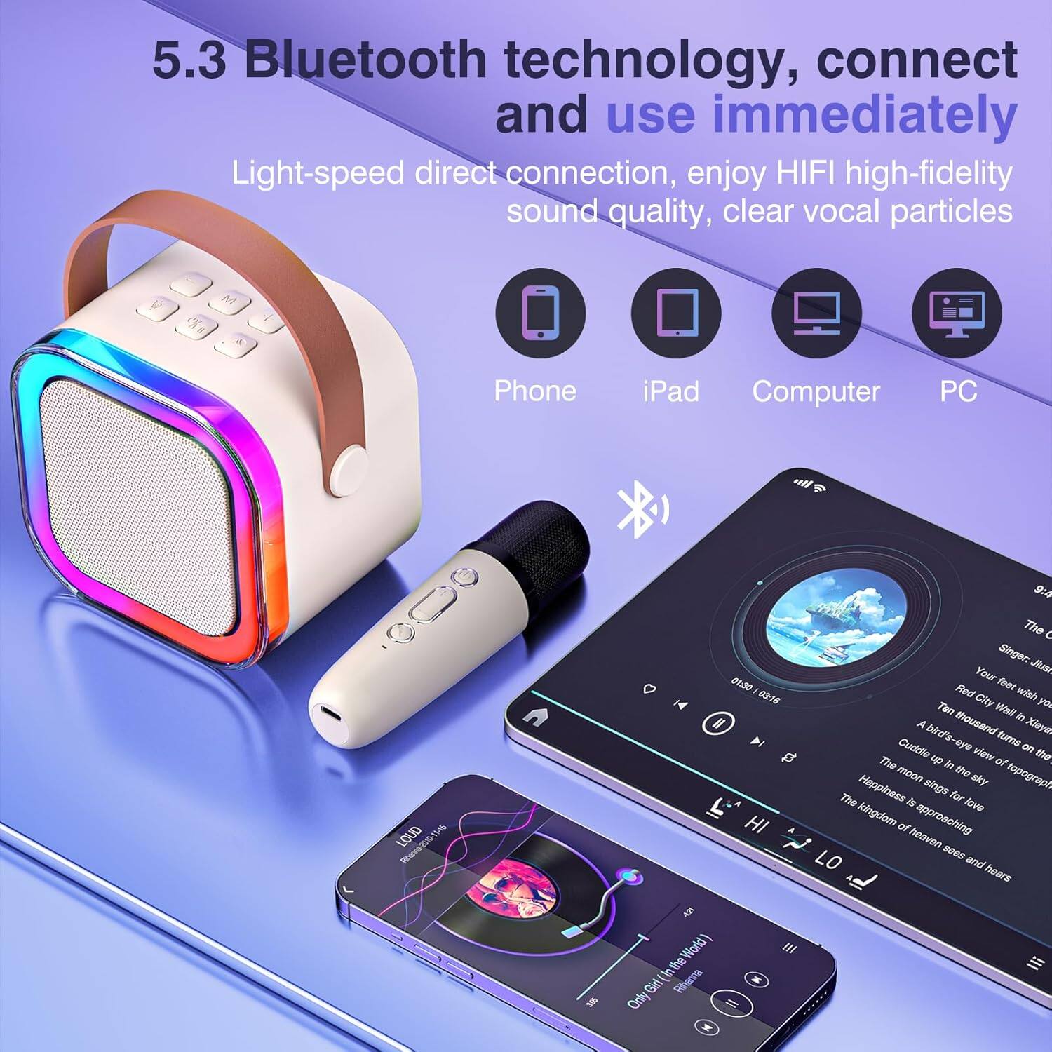 5.3 Bluetooth technology, connect and use immediately  
Light-speed direct connection, enjoy HIFI high-fidelity sound quality, clear vocal particles  

Phone iPad Computer PC  

The Singer: Your up. Red feet City wish Ten Wal yo thousand i A Xieyen Cudlo birds-eye view furma Do The of the moon sky topograph Happiness agnla for The b love kingdom of approaching heaven LO sees and hears Wotd) hnthe Rharna Orly IY
