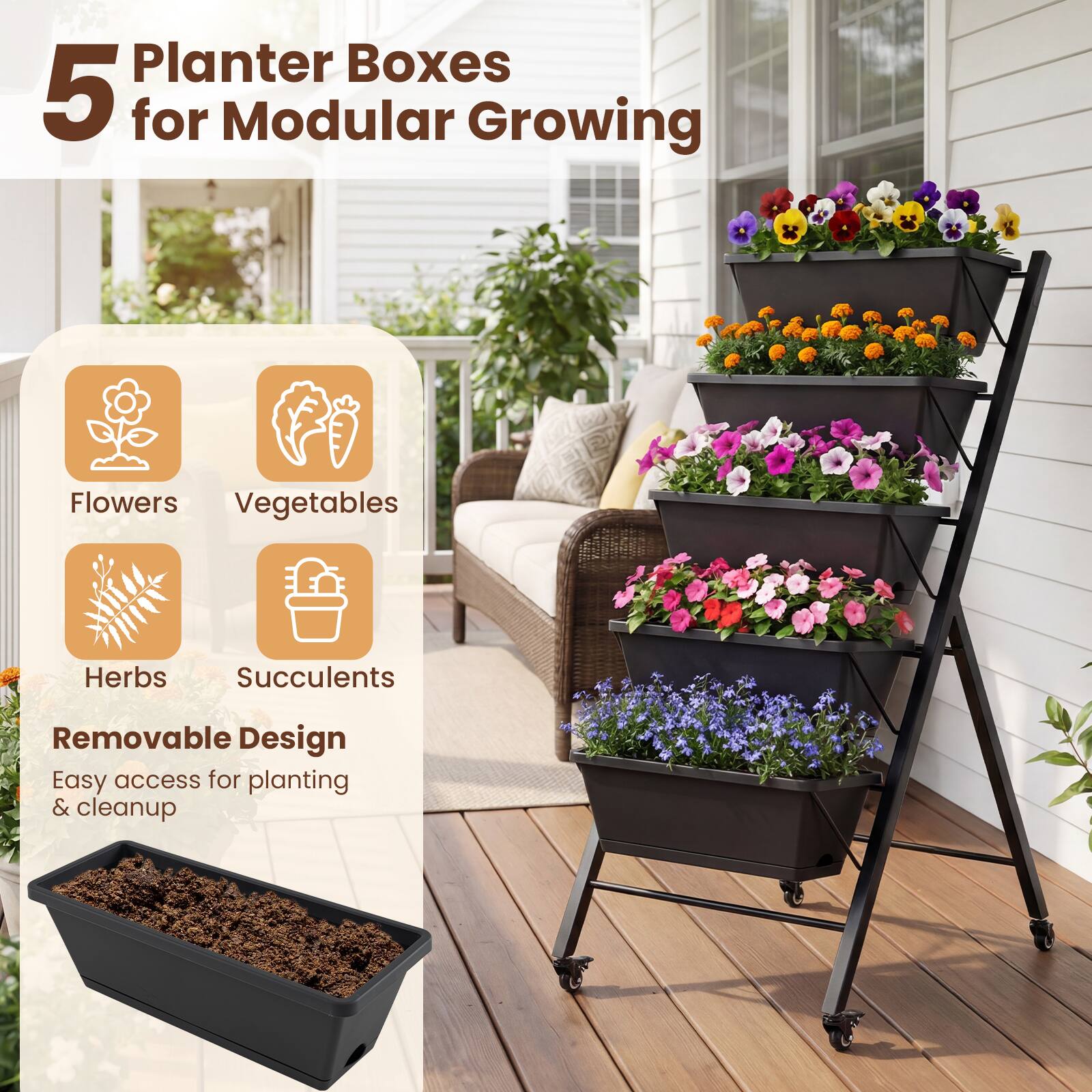 5 Planter Boxes for Modular Growing

- Flowers
- Vegetables
- Herbs
- Succulents

Removable Design
Easy access for planting & cleanup