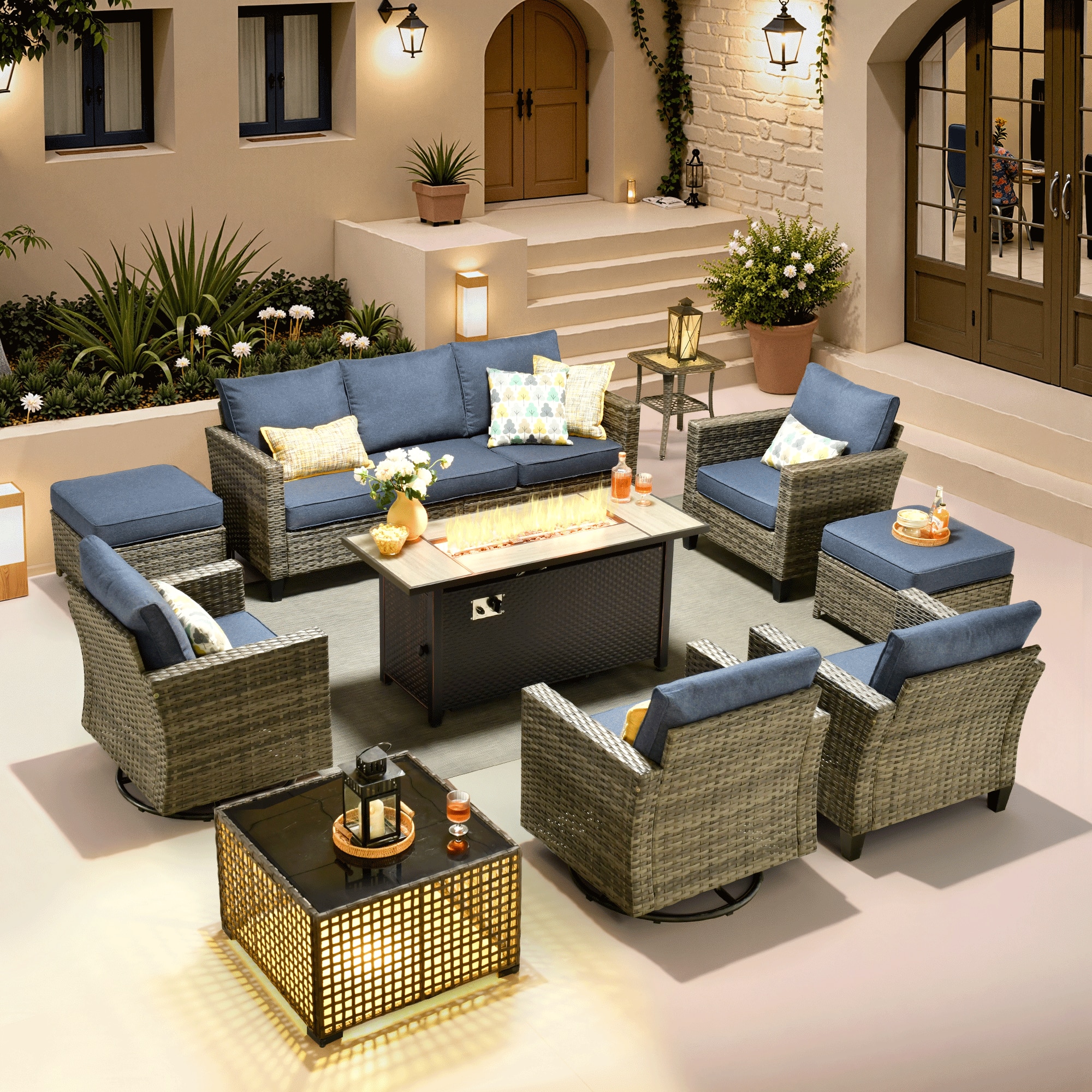 Ovios - 10 PCS Patio Furniture, Wicker Sofa with 54" Fire Pit Table, High Back Armchair with Coffee Table & Ottoman - Denim Blue