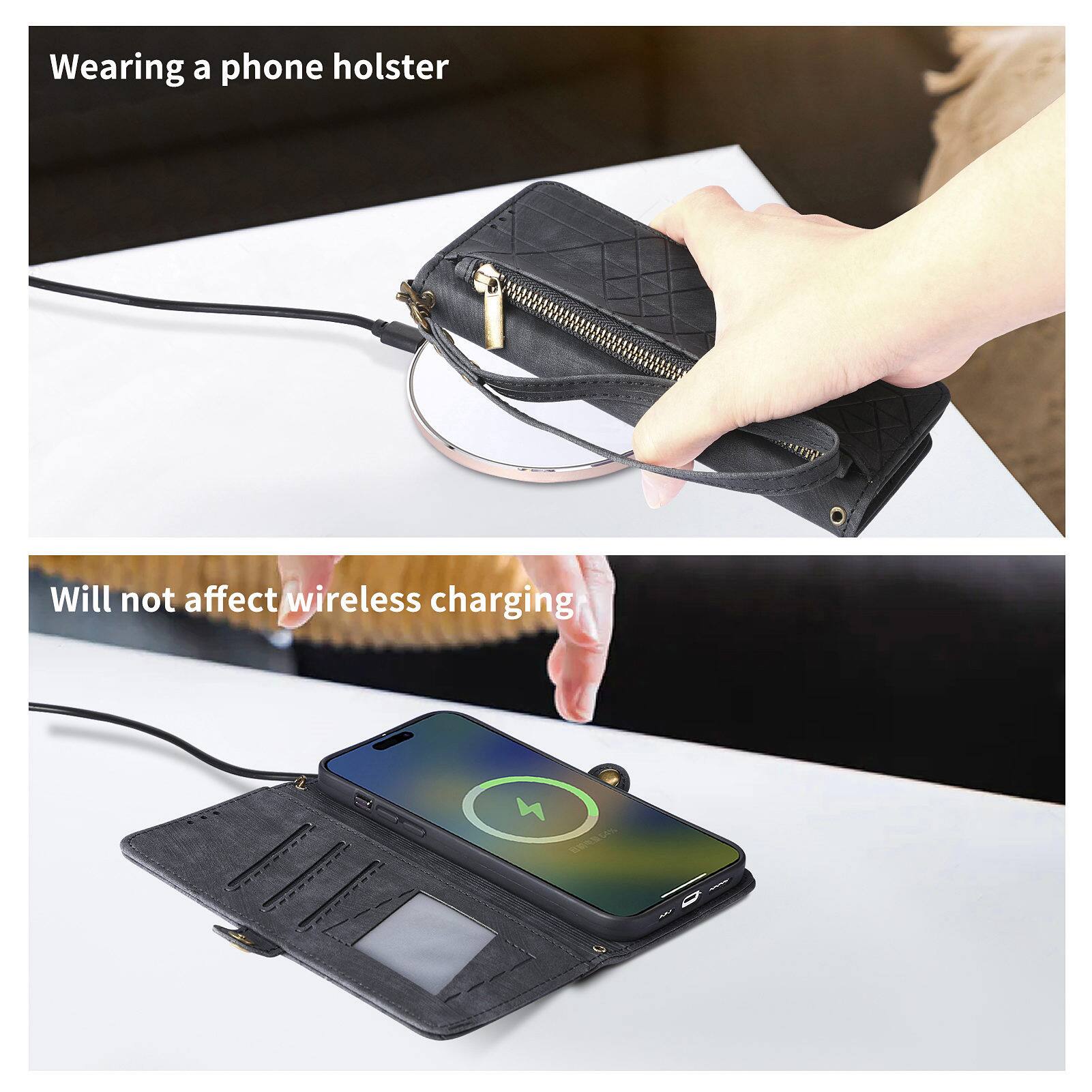Wearing a phone holster  
Will not affect wireless charging