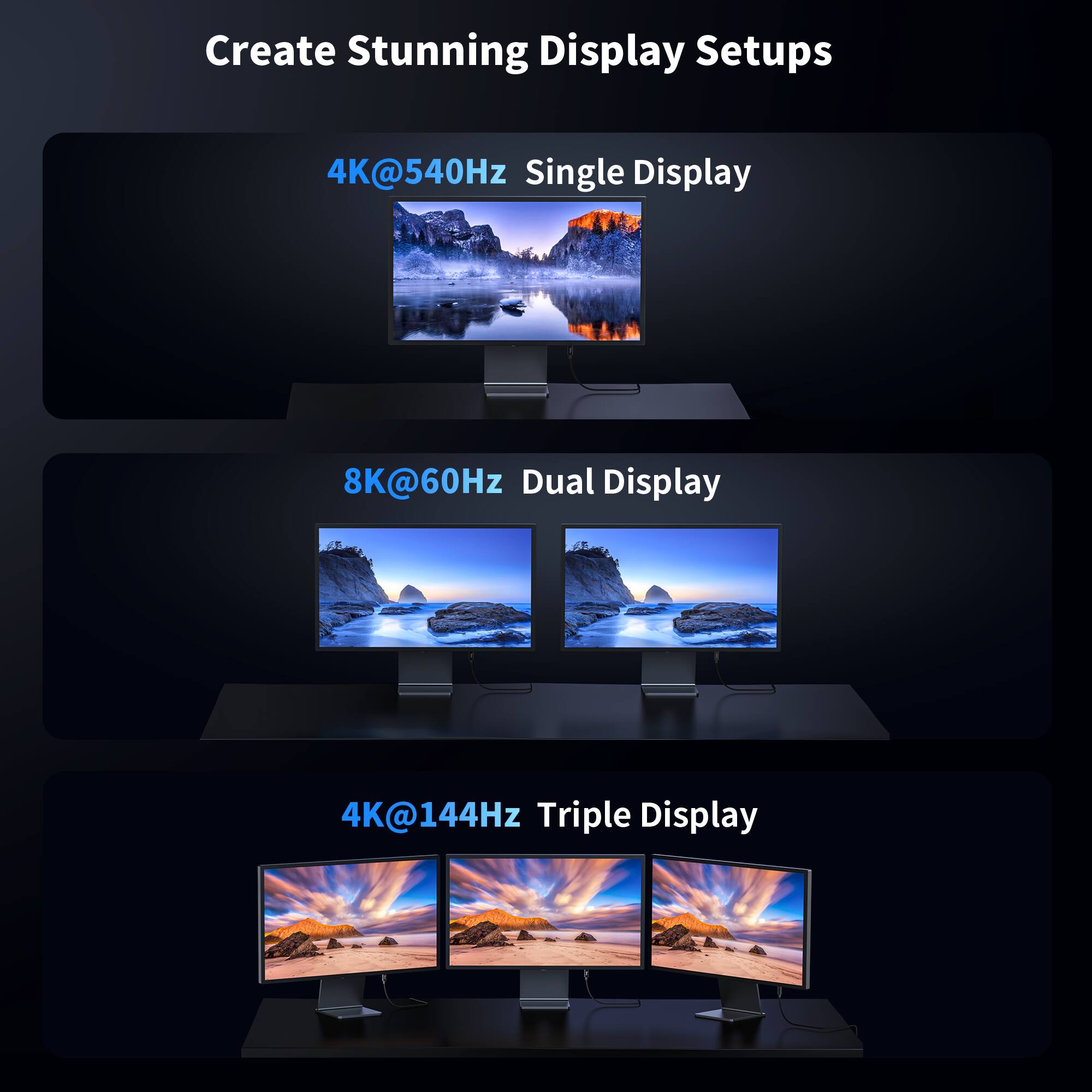 Create Stunning Display Setups

4K@540Hz Single Display

8K@60Hz Dual Display

4K@144Hz Triple Display