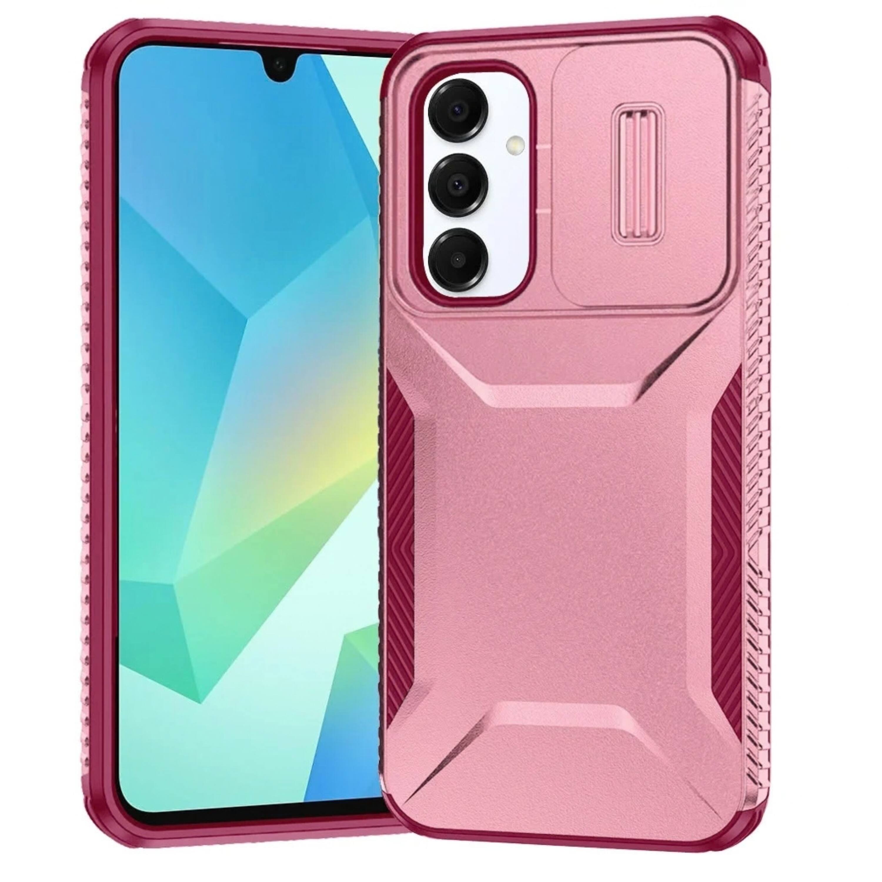 Front. Kitcheniva - Rugged Side Grip Dual Layer Sliding Rear Lens Phone Case With Tempered Glass For Samsung A16 5G Pink Burgundy - Pink.
