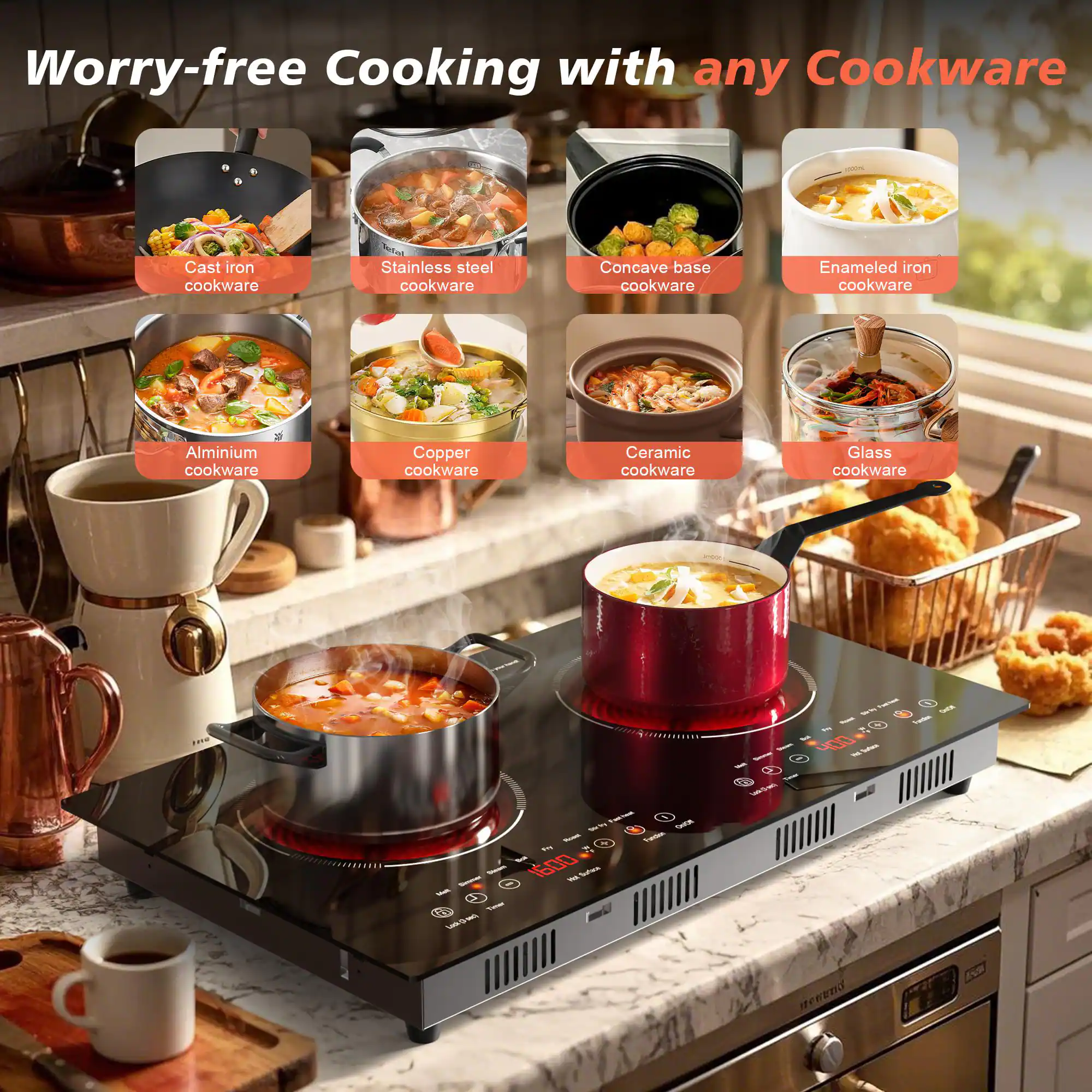 Worry-free Cooking with any Cookware

- Cast iron cookware
- Stainless steel cookware
- Concave base cookware
- Enamel iron cookware
- Aluminium cookware
- Copper cookware
- Ceramic cookware
- Glass cookware