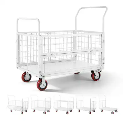 Front. VEVOR - Platform Truck Cart with Cage, 2000 lbs Capacity, 6-in-1 Foldable Flatbed Cart with Swivel Wheels, Heavy Duty Hand Truck - Silver.