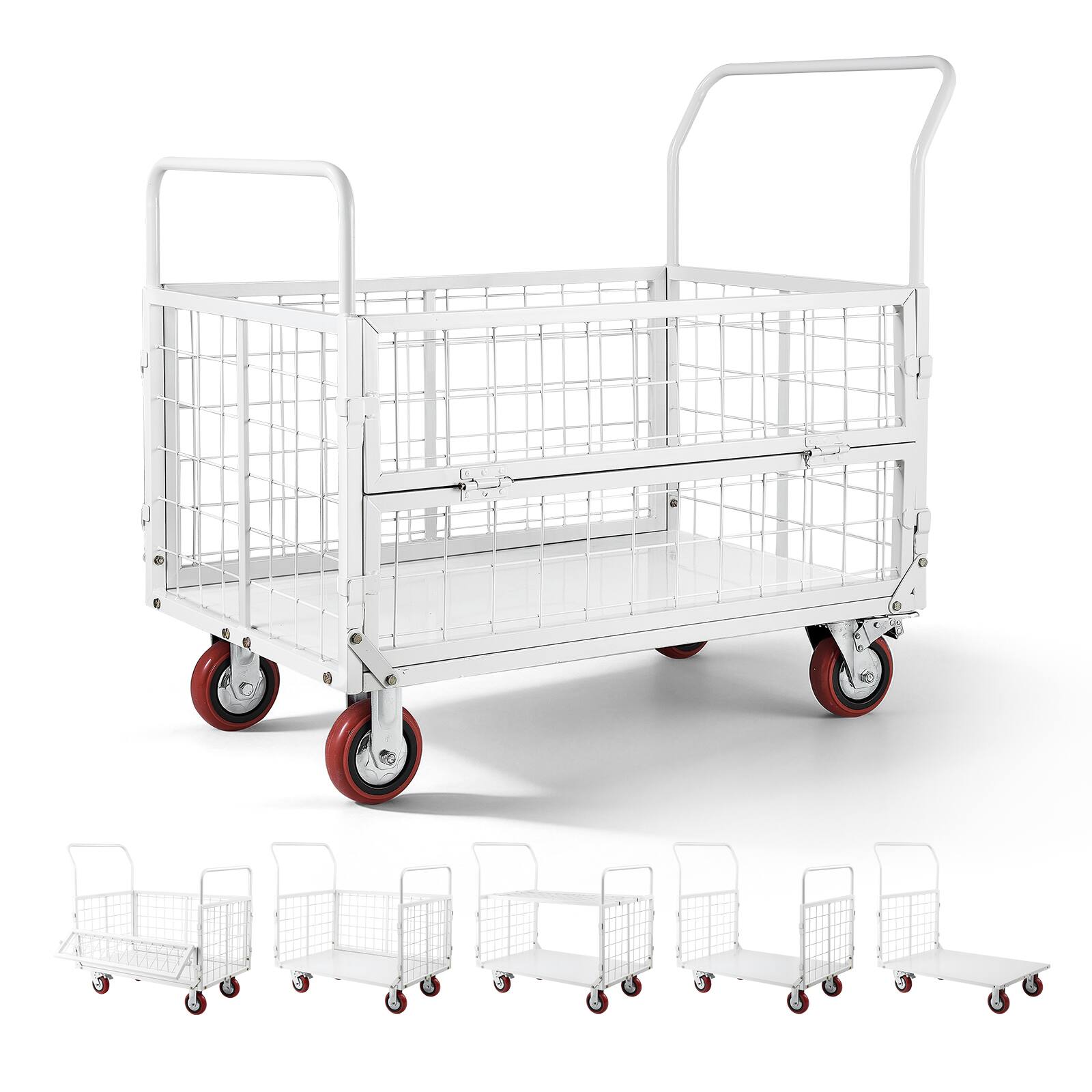 Front. VEVOR - Platform Truck Cart with Cage, 2000 lbs Capacity, 6-in-1 Foldable Flatbed Cart with Swivel Wheels, Heavy Duty Hand Truck - Silver.