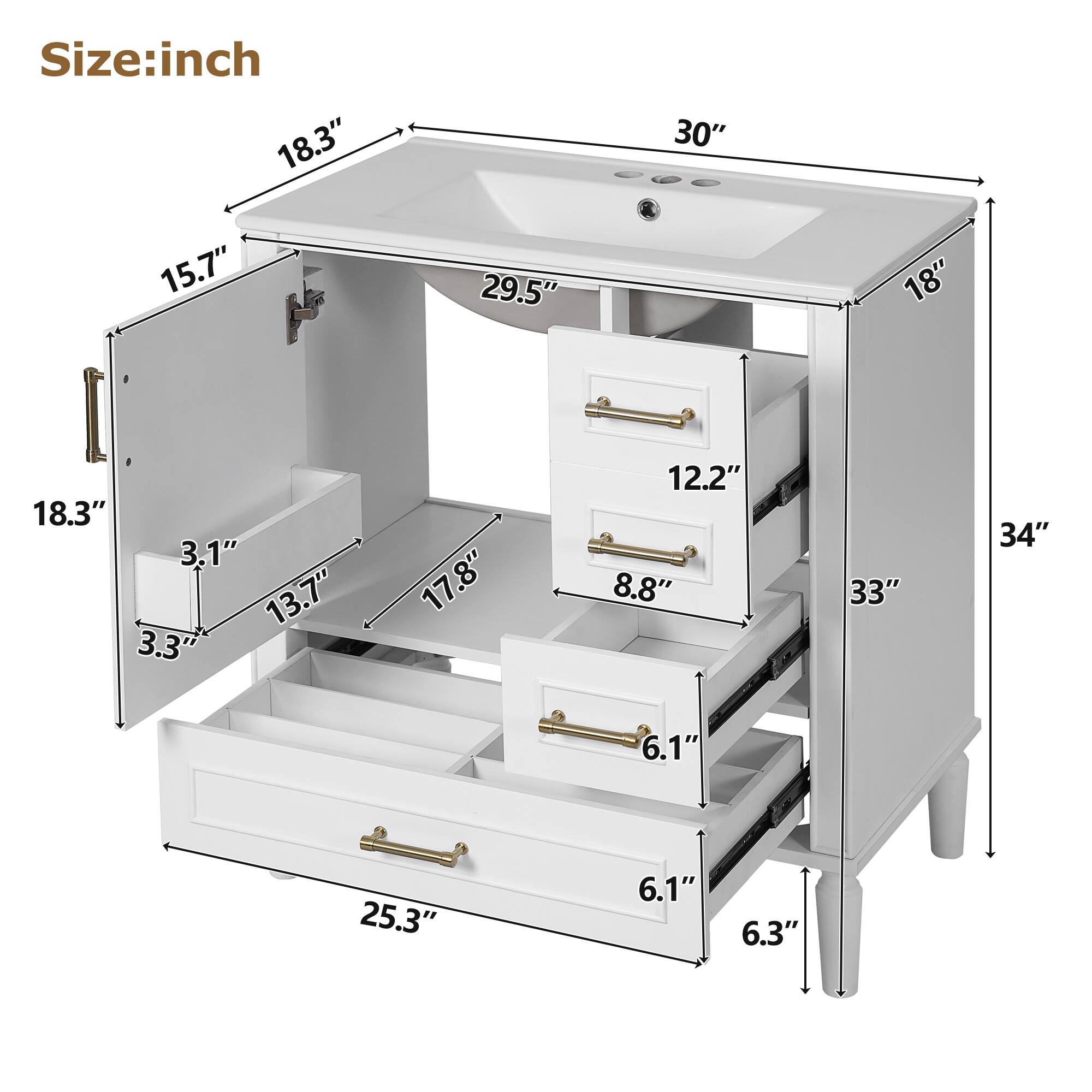 Size: inch

- 30"
- 18.3"
- 15.7"
- 29.5"
- 18"
- 18.3"
- 3.1"
- 13.7"
- 3.3"
- 17.8"
- 12.2"
- 8.8"
- 33"
- 34"
- 6.1"
- 25.3"
- 6.1"
- 6.3"