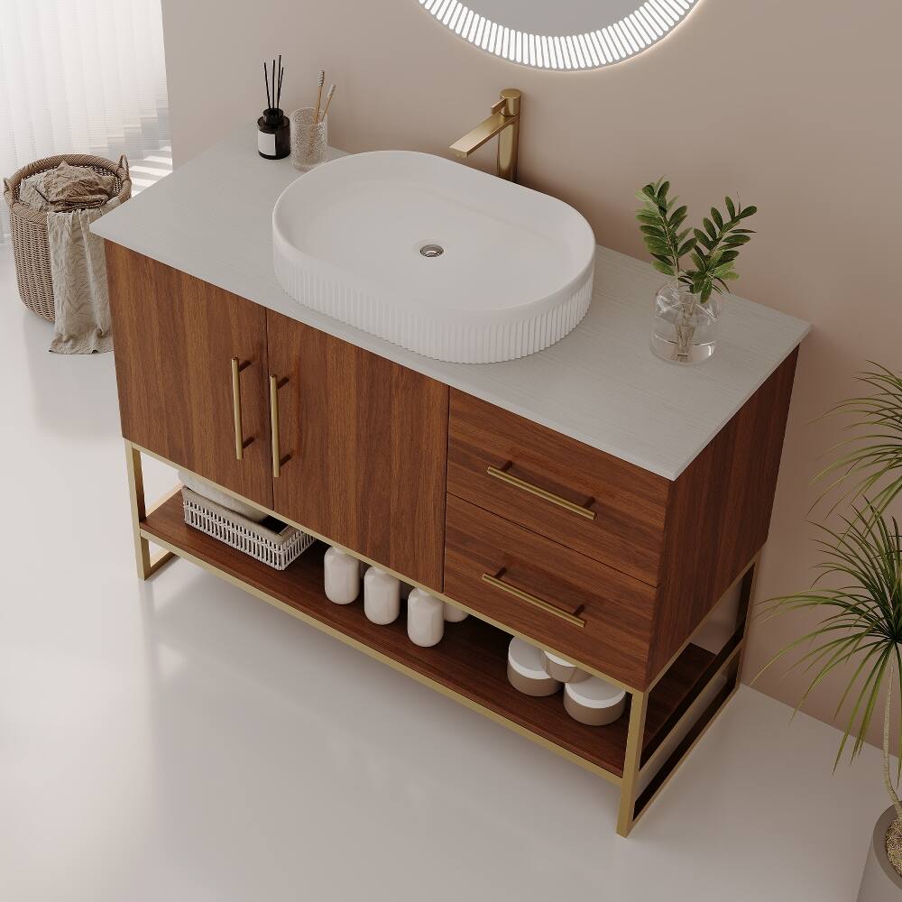 Alt View 4. Loheer - Loheer 36 inch Modern Bathroom Vanity Walnut Freestanding Cabinet with Ceramic Vessel Sink - Walnut, Gold, White.