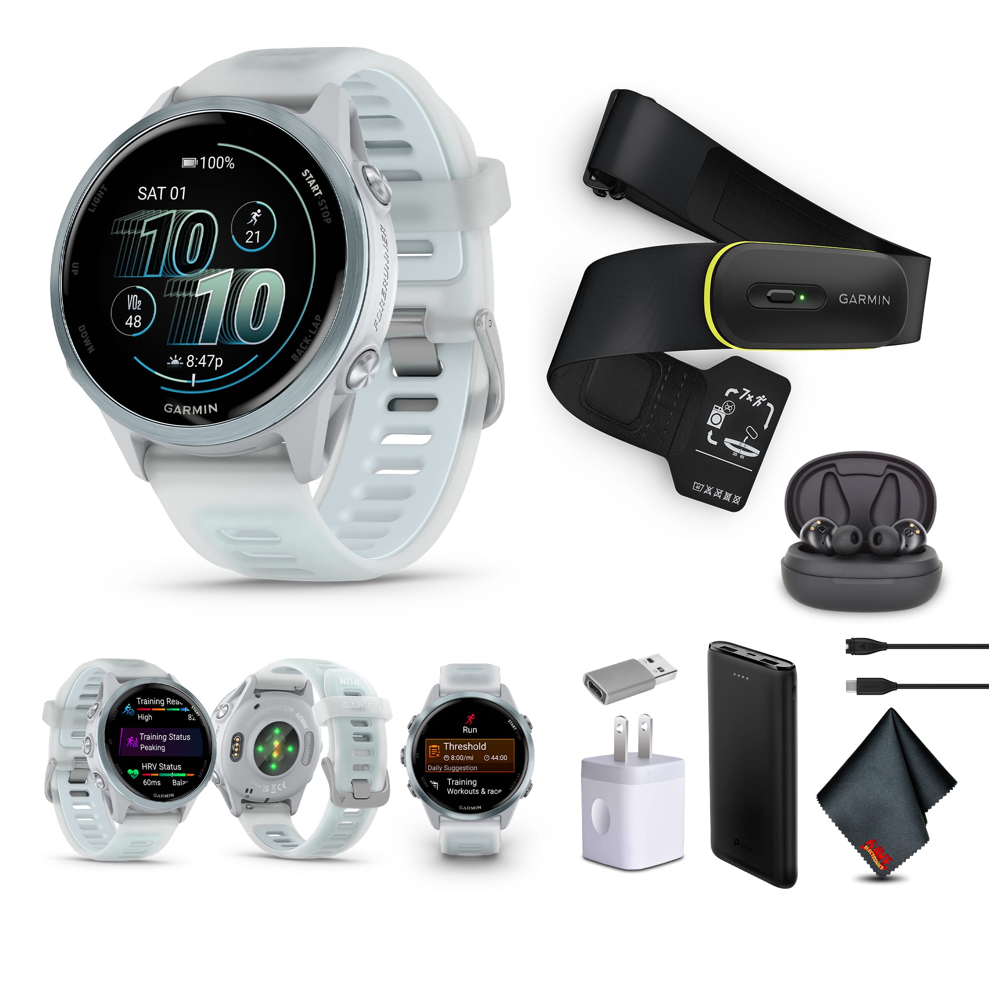 Garmin - Forerunner 570 – 42MM, Whitestone/Cloud Blue​​ , Air Pro EarBuds - Raspberry Aluminum - (2025)