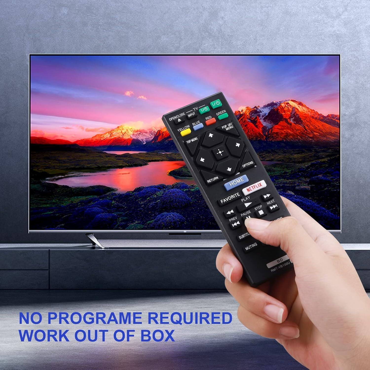 170 TV OV C INPUT GREEN OPENIC  
RED BLUE d OH YELLOW DW - ML YEL TOP WEME OPTIONS RETURN HOME NETFLIX FAVORITE PLAY NEXT STOP H4 PAUSE PREV  
H44 SUBTITU MUTING BO VB 90U PIMT  
NO PROGRAMME REQUIRED WORK OUT OF BOX