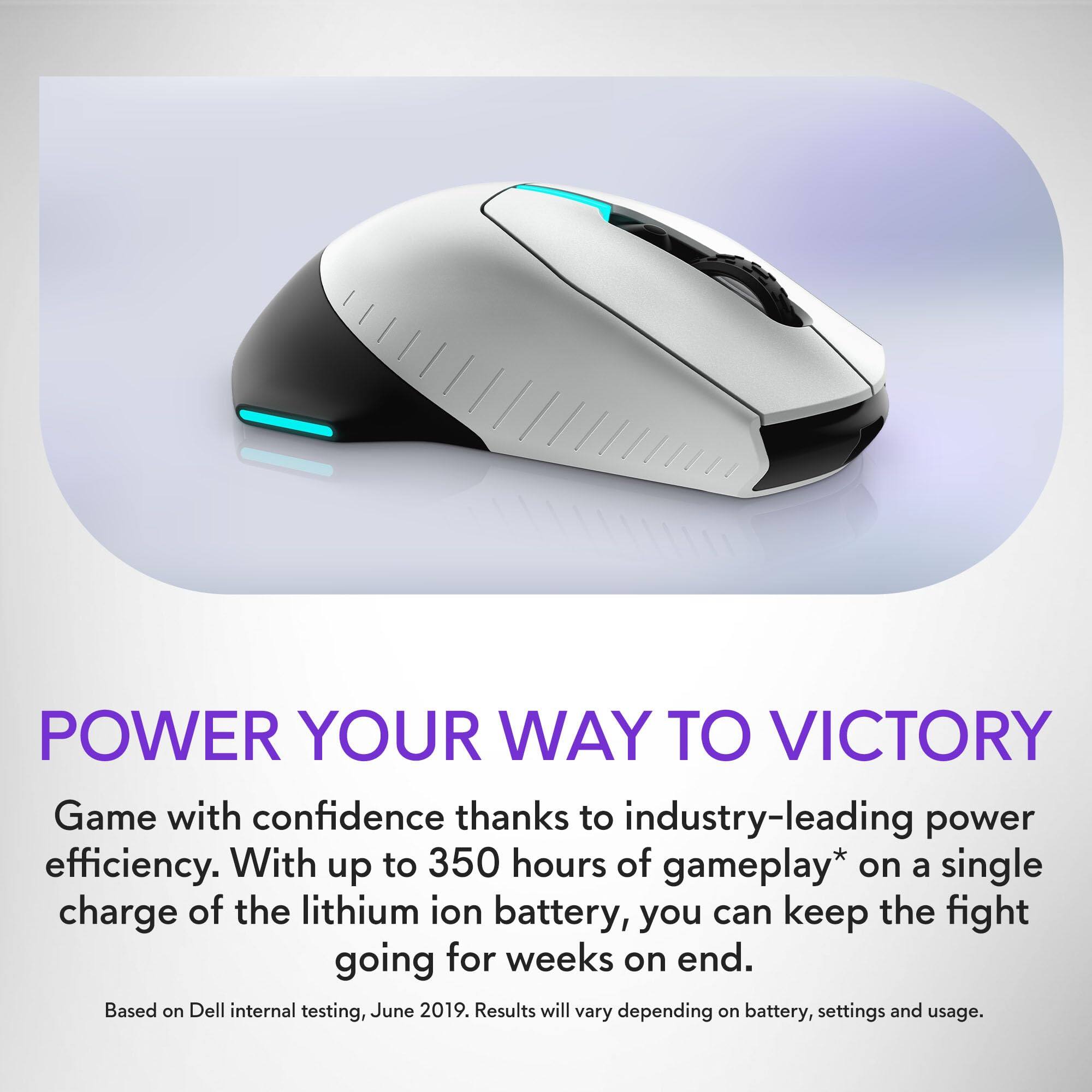 **POWER YOUR WAY TO VICTORY**

Game with confidence thanks to industry-leading power efficiency. With up to 350 hours of gameplay* on a single charge of the lithium ion battery, you can keep the fight going for weeks on end.

*Based on Dell internal testing, June 2019. Results will vary depending on battery, settings and usage.
