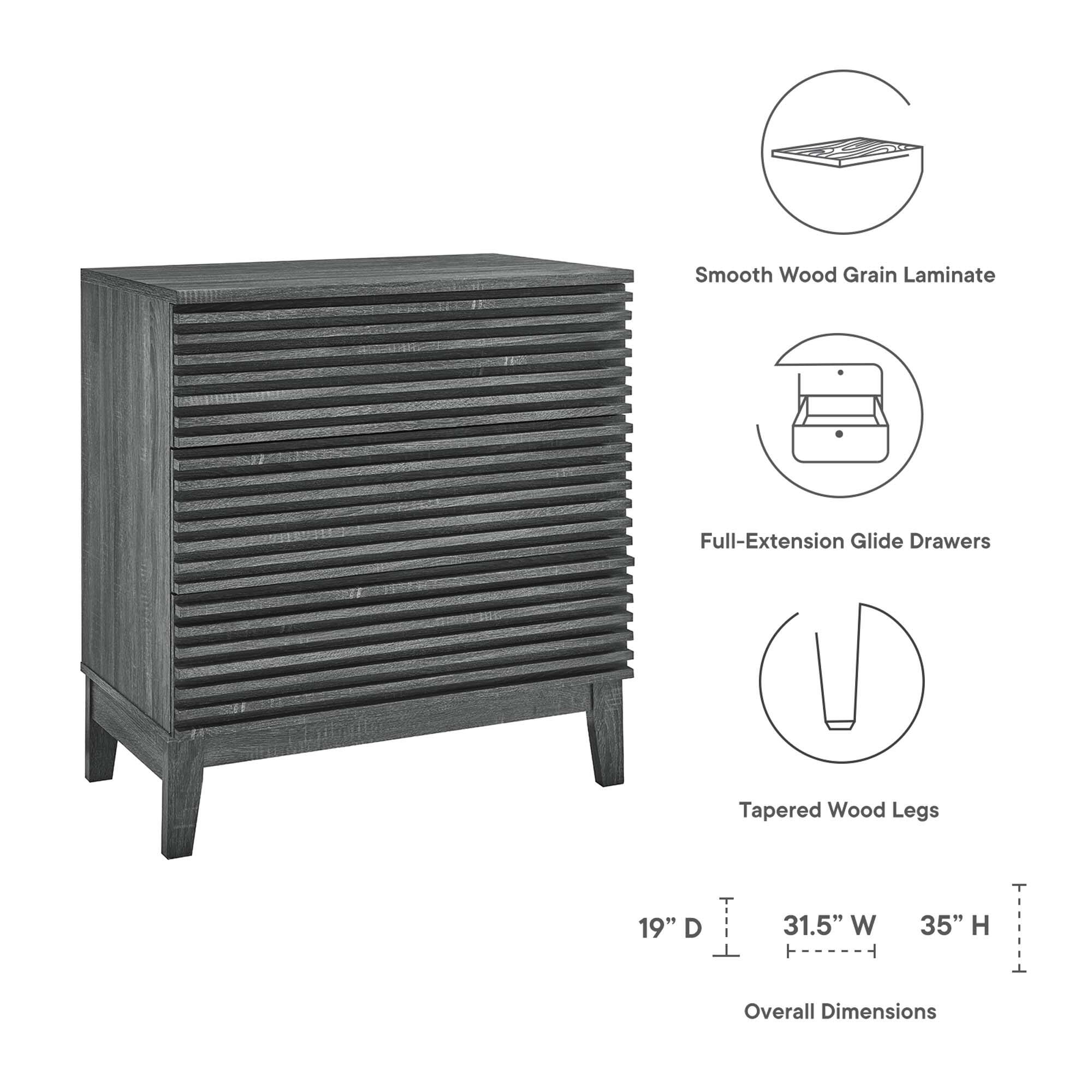 Smooth Wood Grain Laminate  
Full-Extension Glide Drawers  
Tapered Wood Legs  

Overall Dimensions:  
19" D x 31.5" W x 35" H