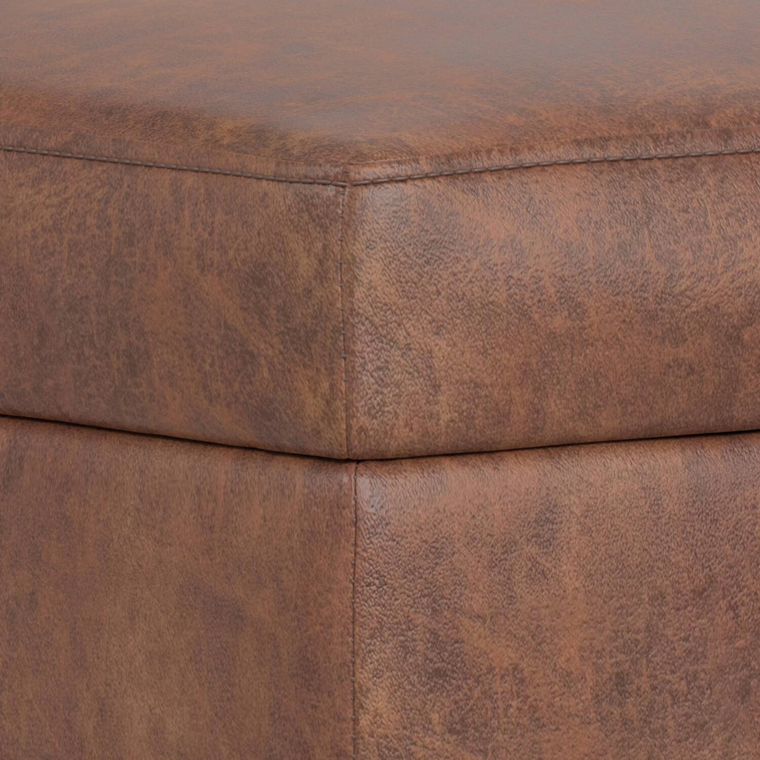Alt View 4. Simpli Home - Shiloh 26 inch Transitional Contemporary Small Storage Ottoman in Distressed Saddle Brown Vegan Faux Leather, Assembled - Distressed Saddle Brown.