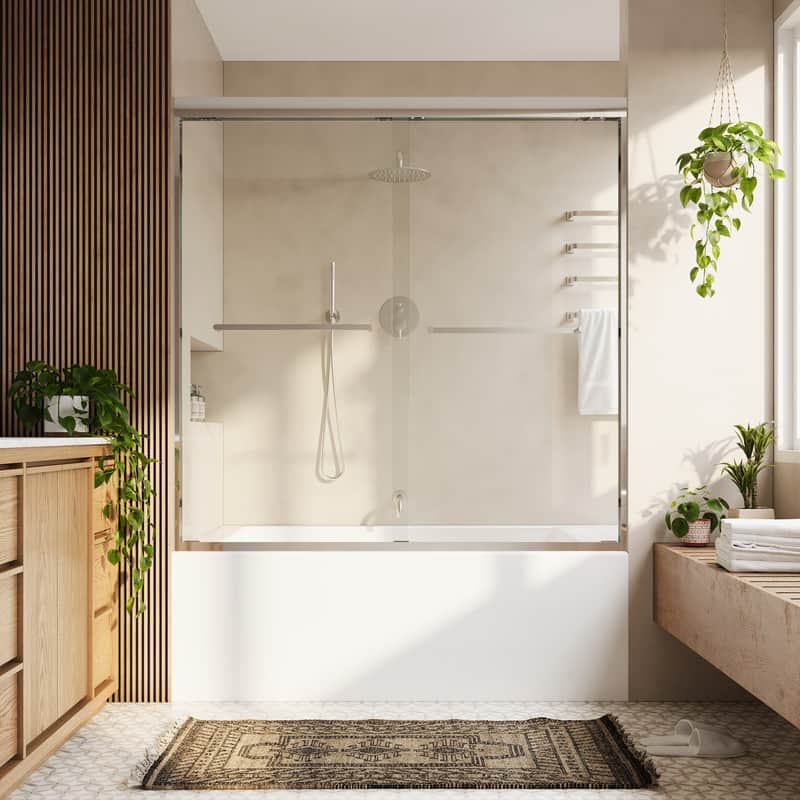 WELLFOR - 56-60 in W x 60 in H Framed Shower Door with Double Sliding & Stainless Steel Towel Bar Handle, 1/4" Tempered Glass - Chrome