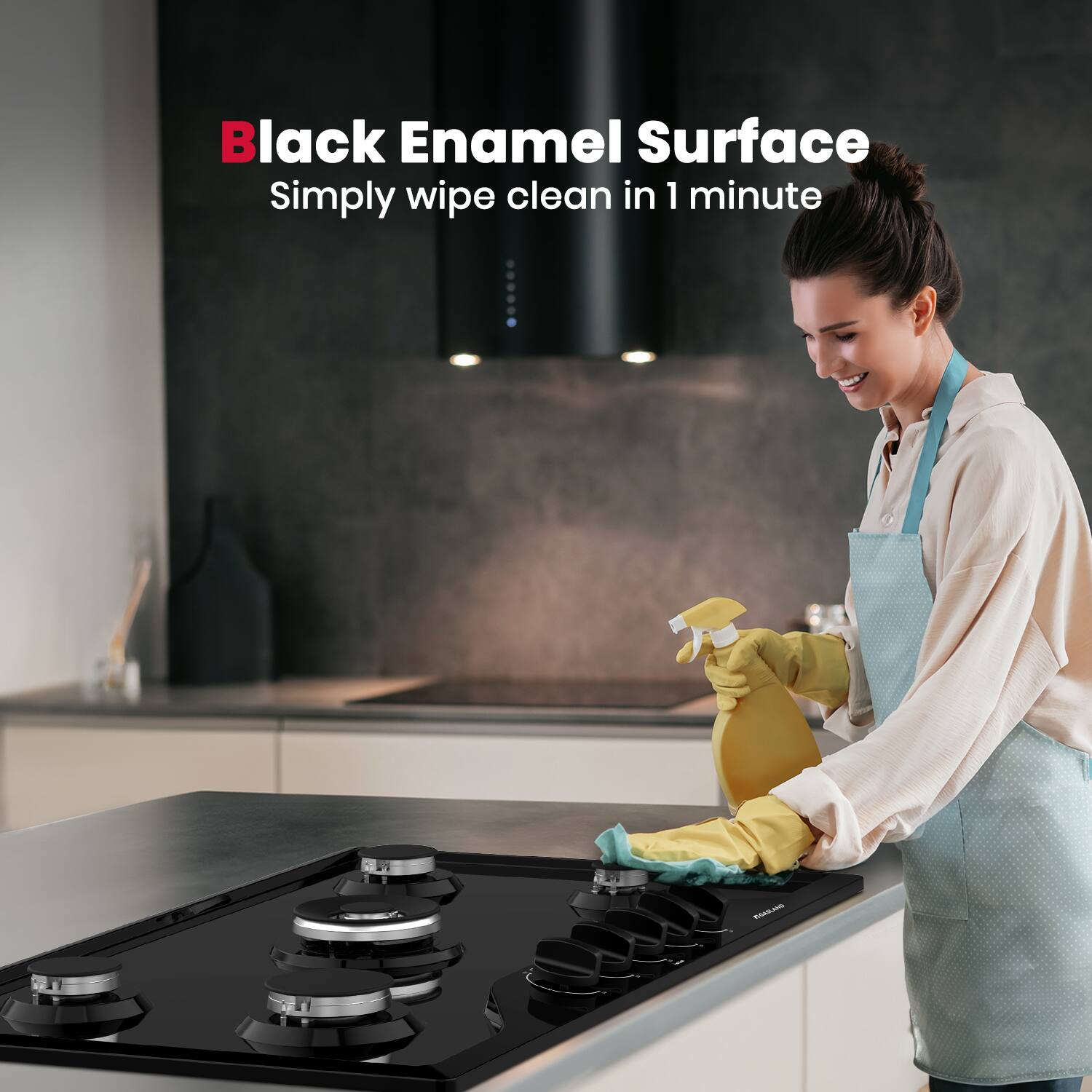 Black Enamel Surface
Simply wipe clean in 1 minute