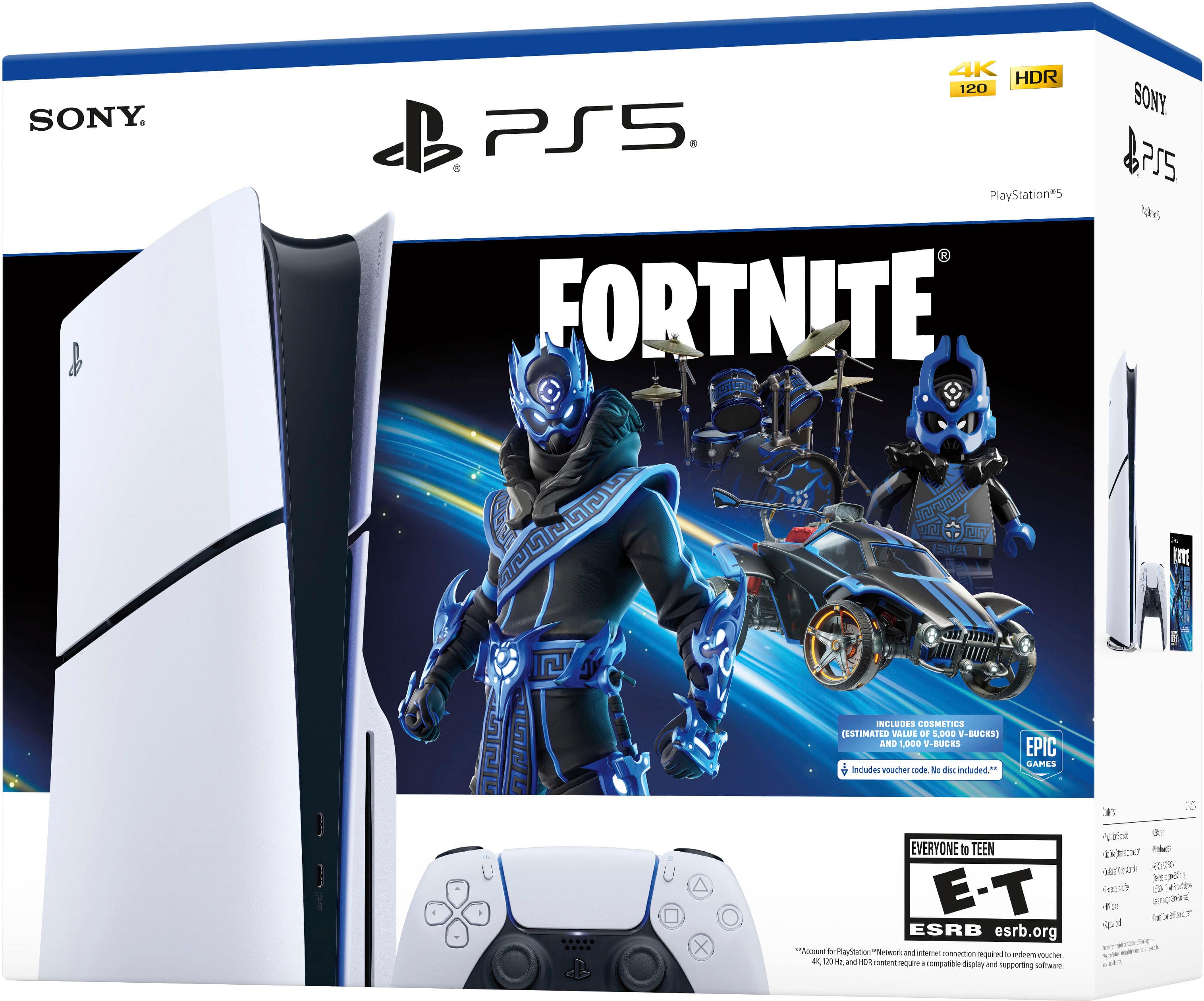 SONY PlayStation 5 Fortnite Bundle. Includes Fortnite cosmetics (estimated value of $1,000 V-Bucks) and 1,000 V-Bucks. No disc included. E-T ESRB rating of Teen. Accompanied by PlayStation Network and online multiplayer. Compatible with PlayStation 5 and PlayStation 4.