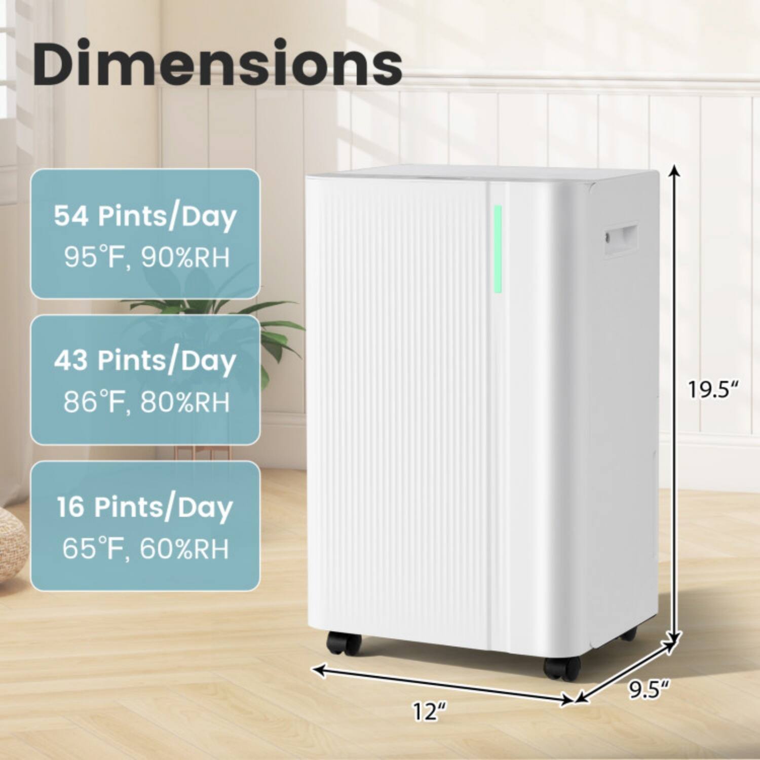 Dimensions

- 54 Pints/Day
  - 95°F, 90%RH

- 43 Pints/Day
  - 86°F, 80%RH

- 16 Pints/Day
  - 65°F, 60%RH

Dimensions:
- Height: 19.5"
- Width: 12"
- Depth: 9.5"