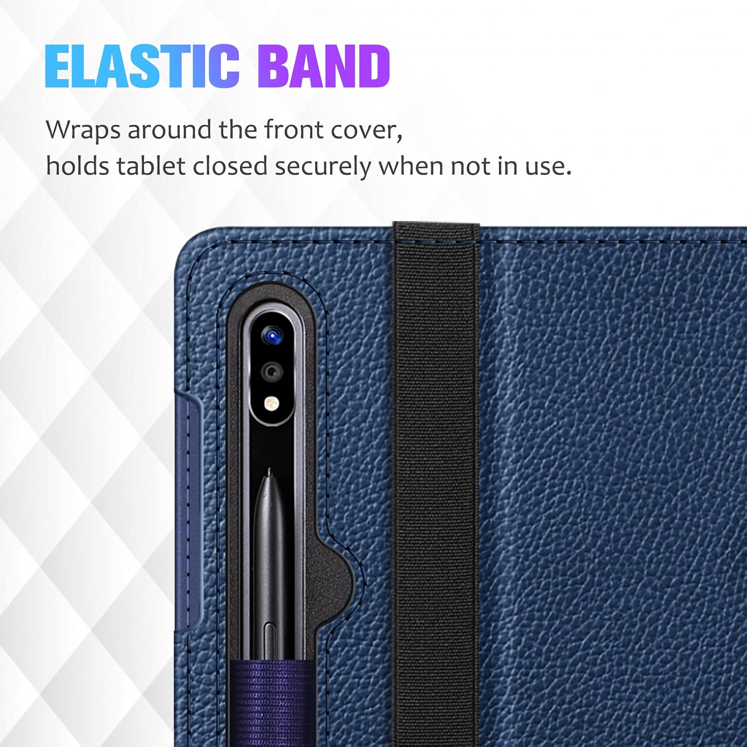 ELASTIC BAND  
Wraps around the front cover, holds tablet closed securely when not in use.