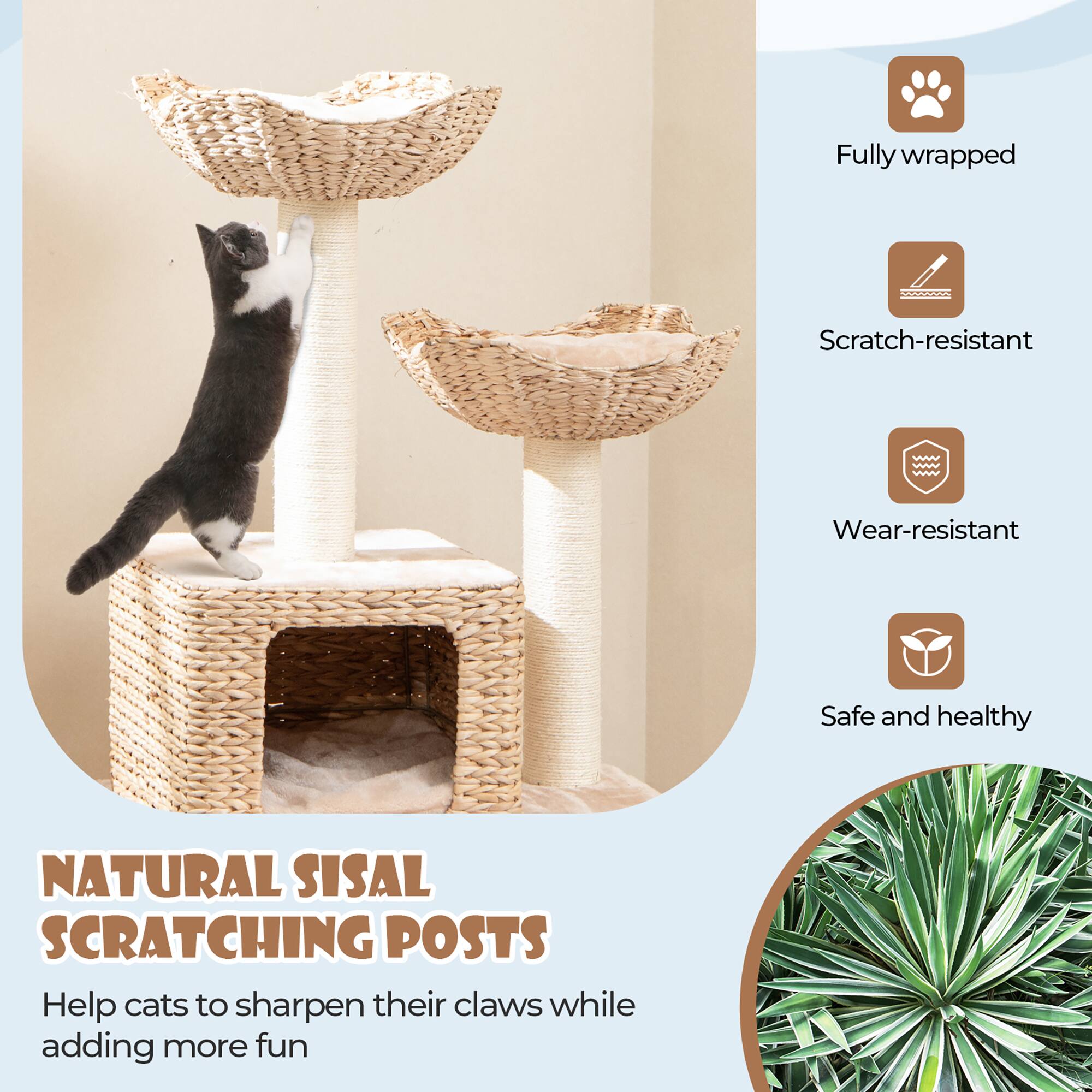 Fully wrapped  
Scratch-resistant  
Wear-resistant  
Safe and healthy  

NATURAL SISAL SCRATCHING POSTS  

Help cats to sharpen their claws while adding more fun