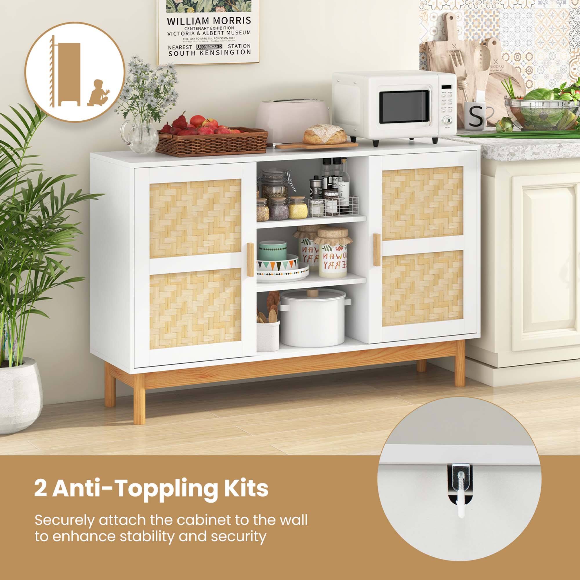 The image features a kitchen with a white cabinet and a microwave on top of it. The cabinet has two anti-toppling kits attached to it, which securely attach the cabinet to the wall to enhance stability and security. The kitchen also has a potted plant, a bowl, and a vase.